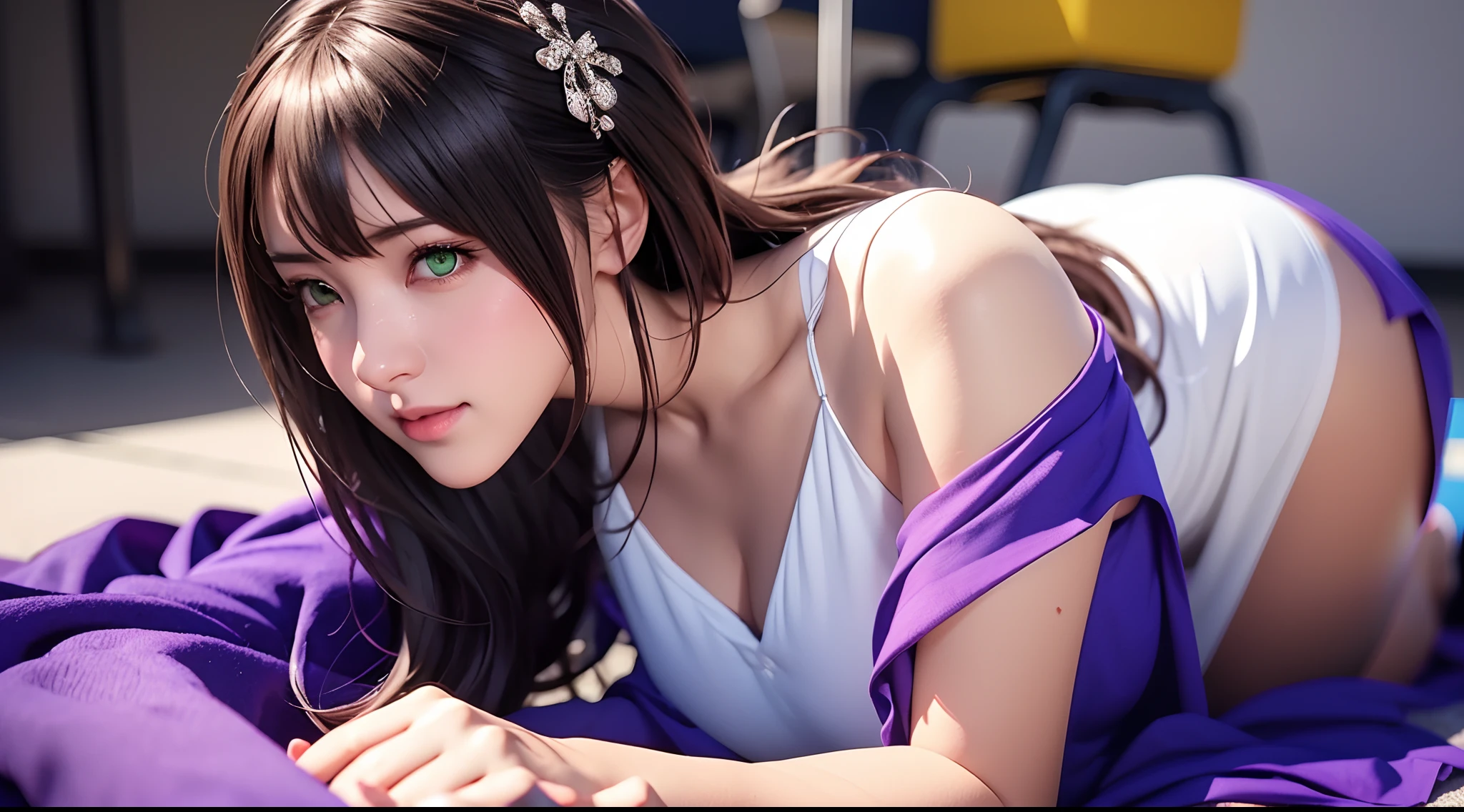 purple bow hair accessory,Purple hair JK suit,Young Korean girl,large green eyes,Fresh pupils,Skin is delicate and delicate,Kneeling gracefully,Charming long legs,Face forward,Plump and tender muscle lines,A shallow smile,cheeks slightly red,Brush your fingers over your long hair。
Alafi in a purple dress and white shirt, Anime girl cosplay, Smooth anime CG art, Beautiful Anime High School Girls, Anime girl with long hair, Surrealism female students, Guviz-style artwork, Realistic anime 3 D style, the anime girl is crouching, Photorealistic anime, anime styled 3d, Surrealist schoolgirl
Long white gloves,Combat shoulder armor