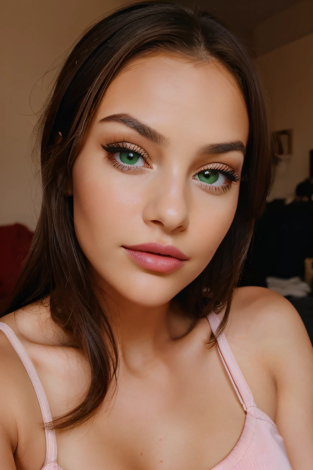 This portrait depicts a young woman with, superimposed brown hairs. She wears a light-colored top and has her lips painted in a bright pink lipstick..... Her emerald green eyes are framed by dark eyeliner and mascara, while his eyebrows have been cared for to perfection. The woman looks directly at the camera with an intense gaze, prise de photo frontal, comme si elle prenait un selfie. Son cou et sa gorge sont visibles sur la photo, adding to the overall effect of this stunning portrait. The background of the image is white, allowing all attention to be focused on the subject of this photograph - the beautiful young woman who looks confident and poised despite the fact that she was captured on film. This photo could easily be used for fashion or beauty magazines because of its high-quality composition and lighting that perfectly highlights every detail of her face.,prise de photo frontal