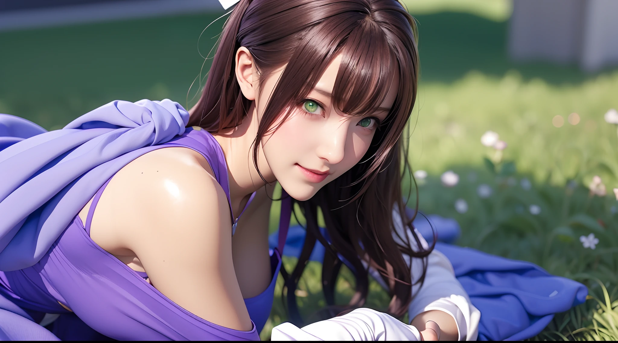 purple bow hair accessory,Purple hair JK suit,Young Korean girl,large green eyes,Fresh pupils,Skin is delicate and delicate,Kneeling gracefully,Charming long legs,Face forward,Plump and tender muscle lines,A shallow smile,cheeks slightly red,Brush your fingers over your long hair。
Alafi in a purple dress and white shirt, Anime girl cosplay, Smooth anime CG art, Beautiful Anime High School Girls, Anime girl with long hair, Surrealism female students, Guviz-style artwork, Realistic anime 3 D style, the anime girl is crouching, Photorealistic anime, anime styled 3d, Surrealist schoolgirl
Long white gloves,Combat shoulder armor