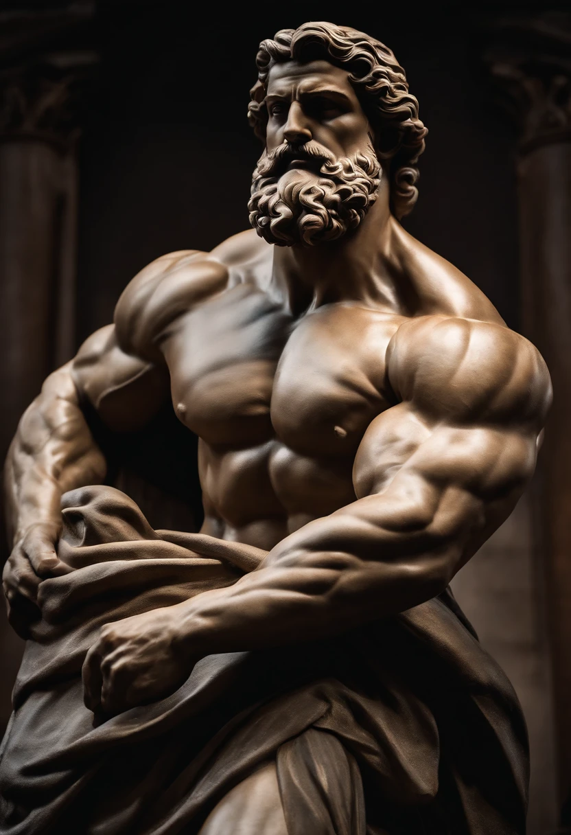 Stoic Greek statue Hercules style with muscles highlighted dark background