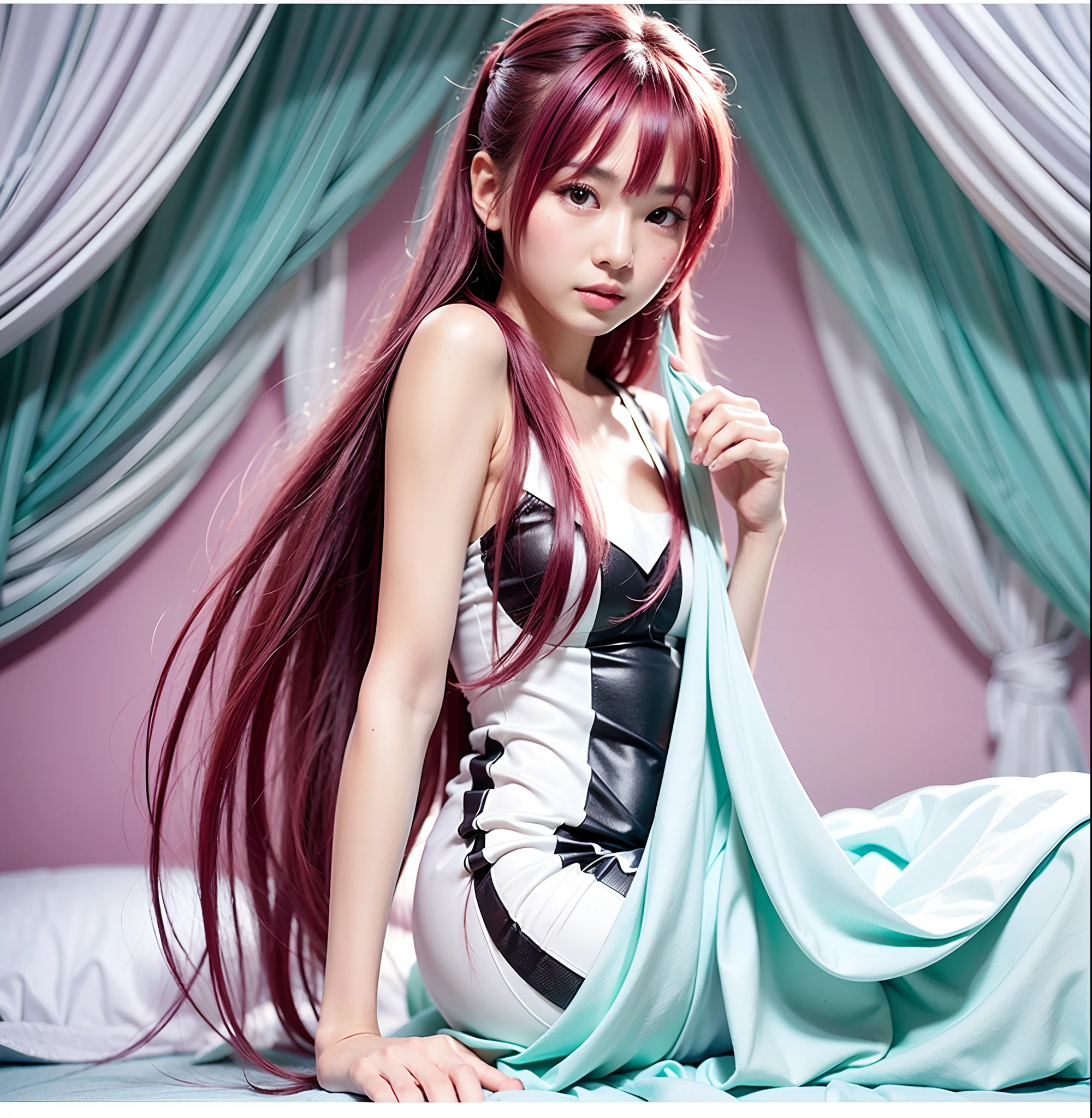 Asian Woman, Pink hair, slim, White Dress, imagem hiperrealista