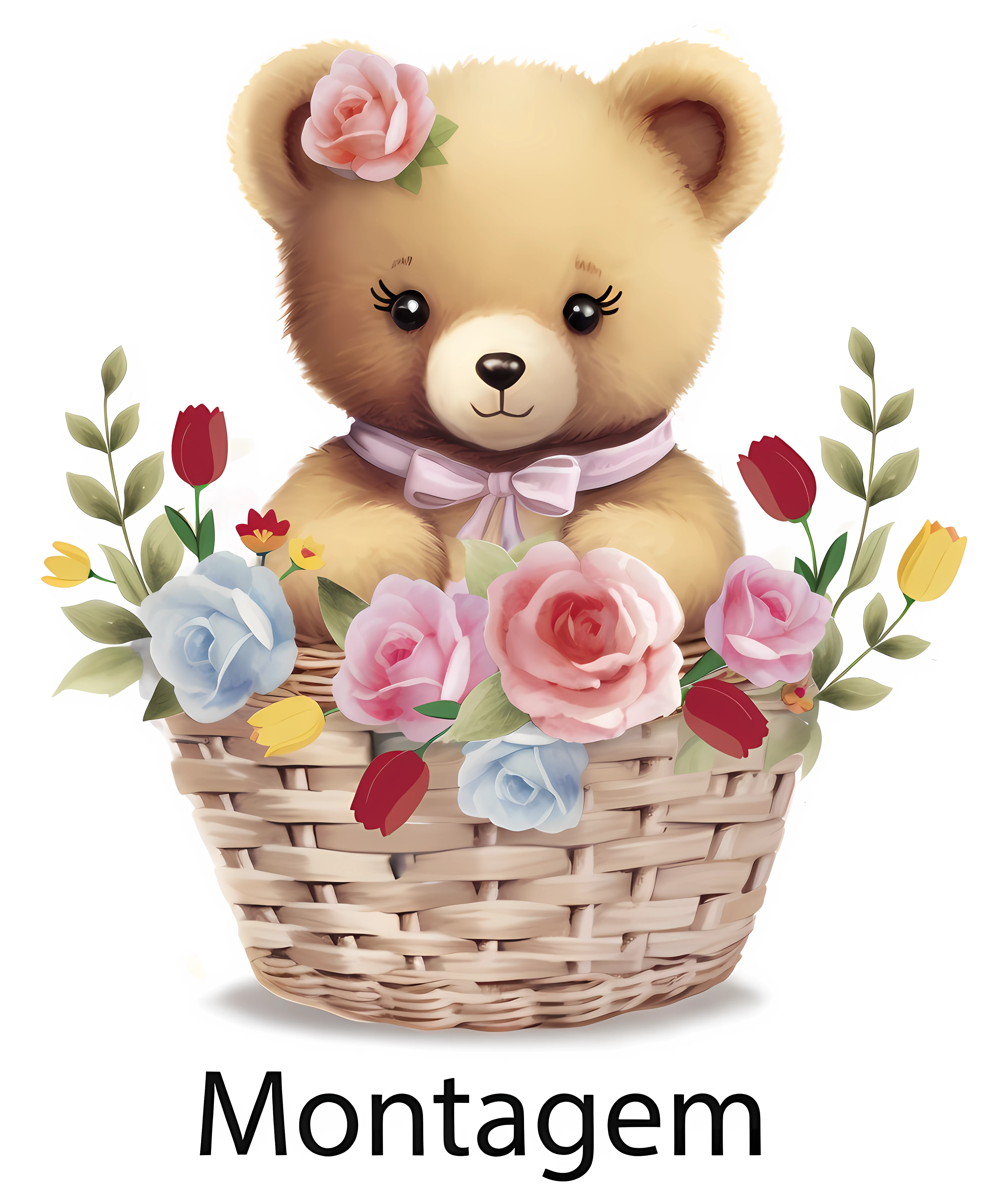 There's a teddy bear sitting in a basket with flowers, mulher bonito, vista ampla, menina bonito, Telegrama Sticker, Directed by: Martina Krupičková, Cottagecore, floral, teddy bear, then, urso em miniatura, Monógono, caixa, Humor quente, Fanart, design de adesivo do telegrama, so cute, fofura, bouquet, Argentina