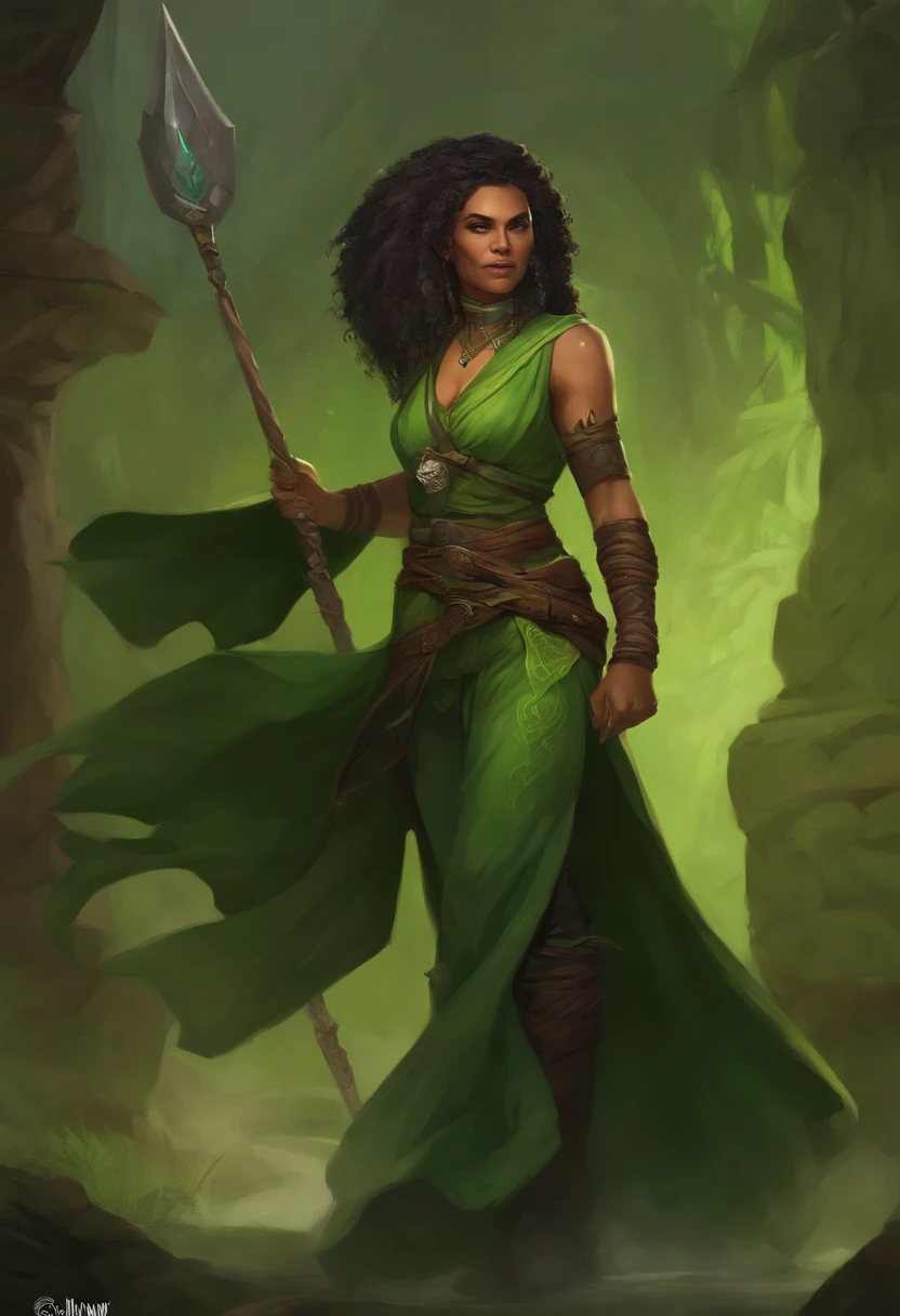 Green female half-orc, inpired dungeons and dragons, in monk clothes, tattoos on her arms, pretty,, intimidating smile, a cat's tail, big green hair, art style of manhwas