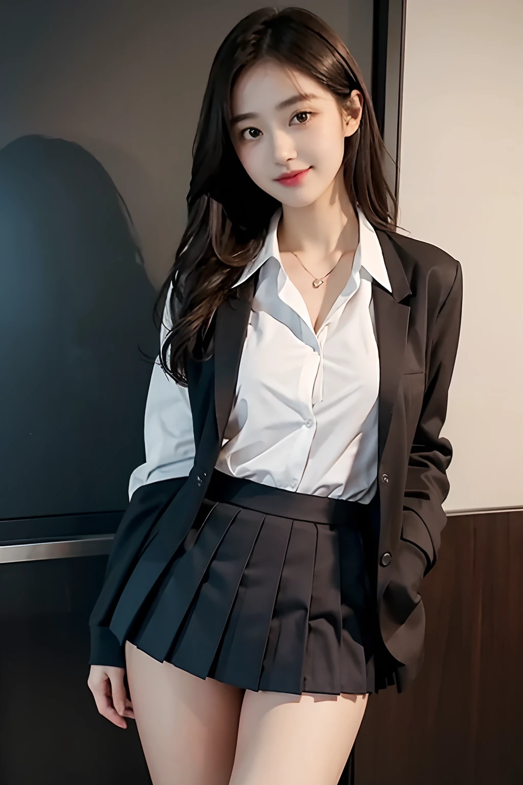 Skirt lift、Show off panties、Large breasts、Show off panties、Smirk、School uniform、 Blazer、 Cardigan、 Jacket、 Long sleeves、 Pleated skirt、 White shirt、