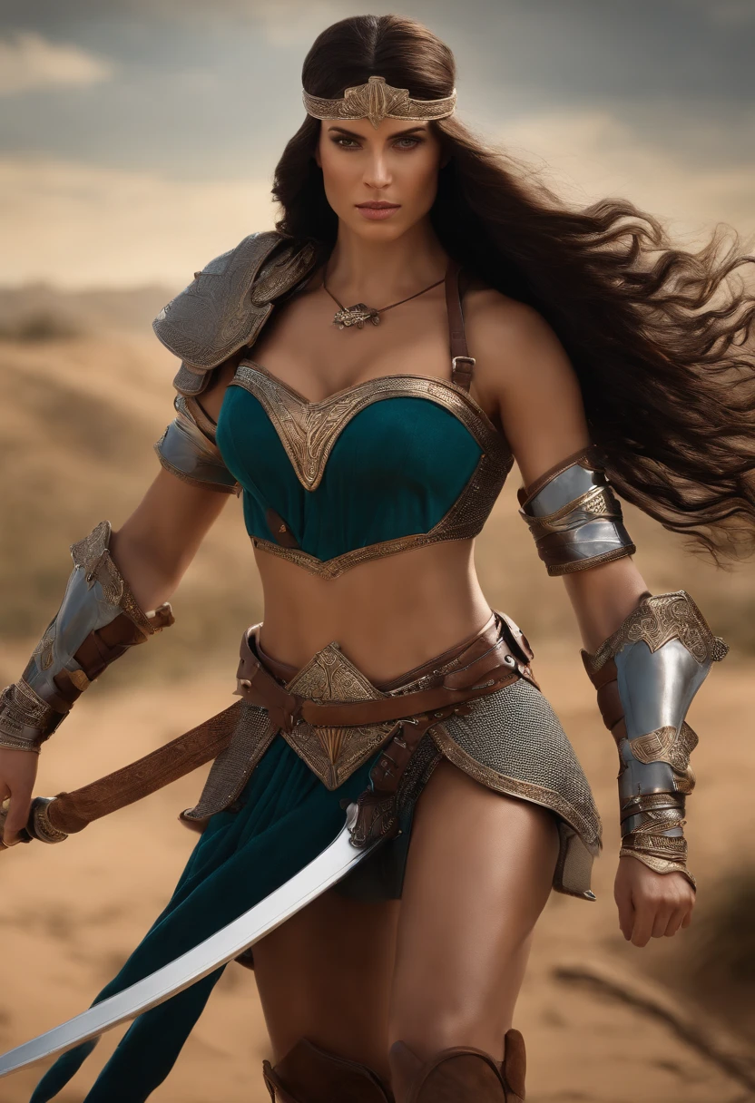tmasterpiece，High-definition CG diagram，linda guerreira，One hand holds a sword，Helmet in one hand，Modelos superdimensionados，olhos e rosto detalhados，figura alta，cabelos castanhos muito cheios e longos，Amazonian warrior style suede clothes，Suede boots，exquisite decoration，temperamento encantador，figura alta，Long buttock，coxas muito musculosas, very muscular arms，A majestic sight，Estande em guerra。