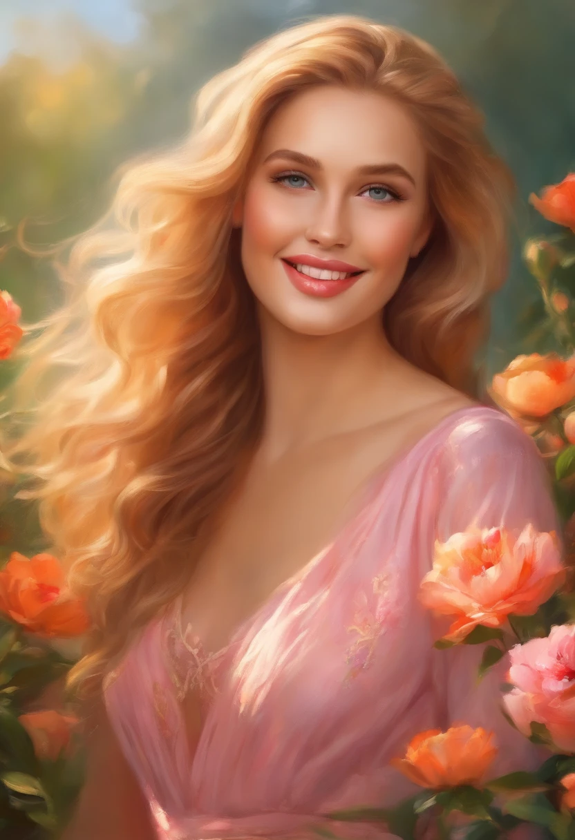 (bright, sunny) garden, (beautiful, detailed) eyes, (sweet and vibrant) red lips, (shimmering, flowing) golden hair, (pink, flowy) dress, (engaging, joyful) expression, (innocent, playful) atmosphere, (colorful, blooming) flowers, (soft, natural) lighting, (vivid, cheerful) colors, (portrait, oil painting) style, (ultra-detailed, realistic) rendering, (high-res, 4K), (professional, studio lighting), (sharp focus, bokeh), (captivating, joyful), (bright, warm) color tones, (lively, cheerful) atmosphere.