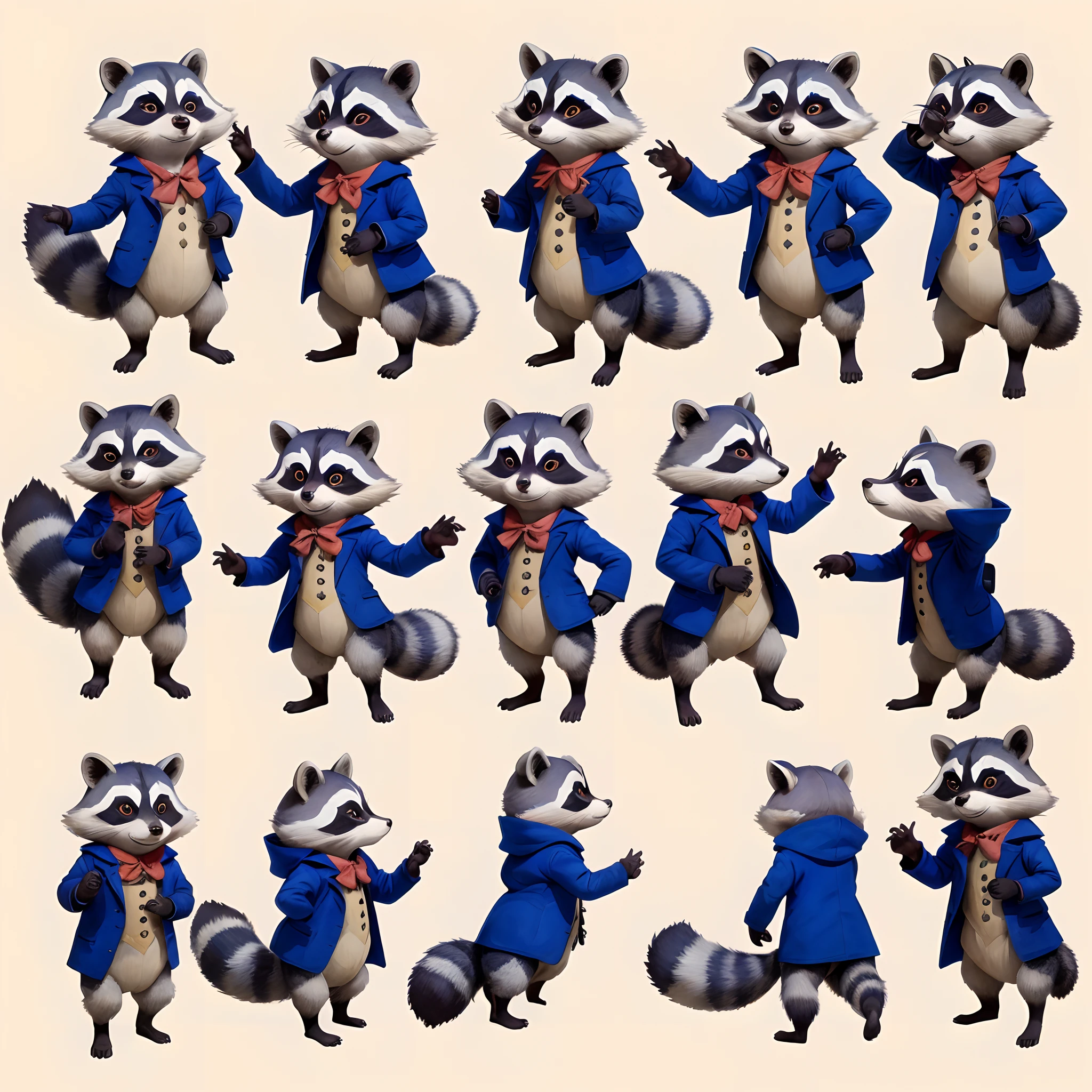 Cute little anthropomorphic raccoon on two legs in different 10 poses, in a 19th century blue coat without pockets, Character Sheet, sitting, Standing, ahead, side, backboob, Multiple postures and facial expressions, watercolour, kids book illustration, Beatrix Potter style, watercolour,