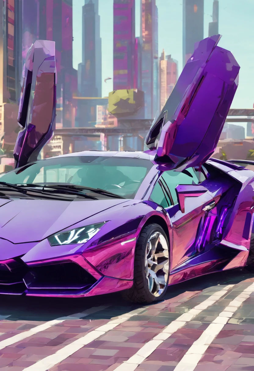 (highres,realistic,sharp focus),(purple,purple-colored:0.9) Lamborghini, sports car, luxury car, sleek design, stylish, fast, powerful engine, shiny paint, glossy finish, aerodynamic, headlights, taillights, (reflecting,shine,reflective:1.1) surfaces, (chrome,metallic) details, (aggressive,intimidating) front grille, (low,ground-hugging) profile, (streamlined,flowing) curves, (speed,velocity), (high-performance,racing) tires, (spinning,rotating) wheels, (roaring,vibrant) engine sound, (expensive,high-end) vehicle, (impressive,outstanding) craftsmanship, (incredible,eye-catching) presence, (show-stopping,head-turning) appearance, (exquisite,fine) attention to detail, (luxurious,opulent) interior, (comfortable,plush) seating, (modern,futuristic) dashboard, (advanced,innovative) technology, (advanced,precise) handling, (exhilarating,thrilling) driving experience.
