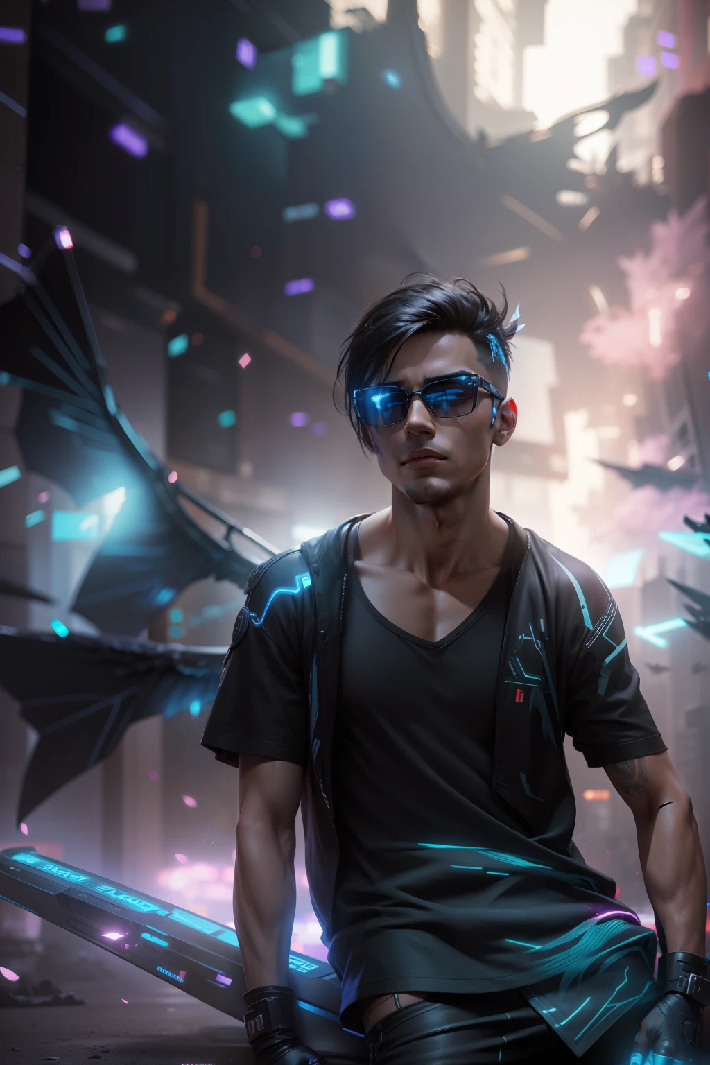 Change background cyberpunk handsome boy,wings,realistic face,8k,ultra realistic