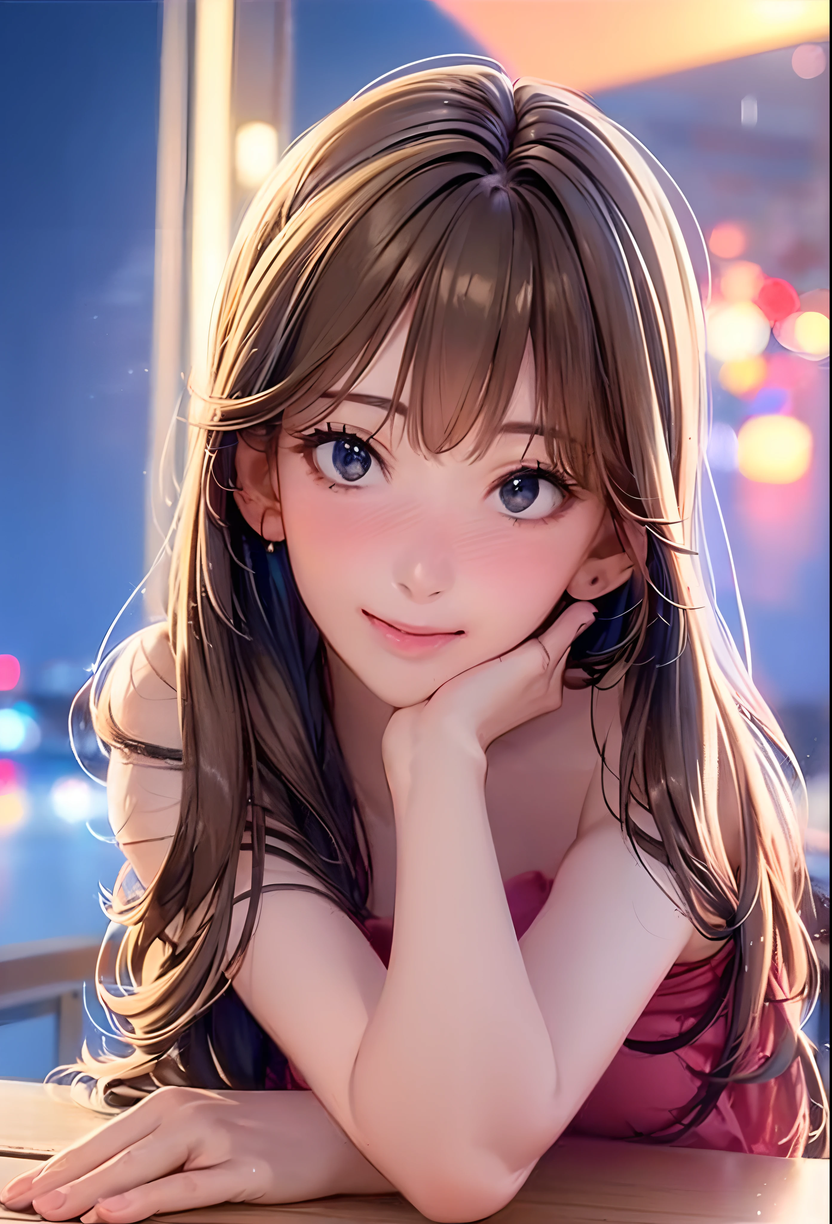 (8K, Best Quality, masutepiece:1.2), (Realistic, Photorealsitic:1.37), Ultra-detailed, 1 girl,Cute, Solo,Midnight,Beautiful detailed sky,Detailed Cafe,Sitting,Dating,(nose blush),(Smile:1.15),(Closed mouth) Small breasts,Beautiful detailed eyes,Floating Hair NovaFrogStyle,Pink dress