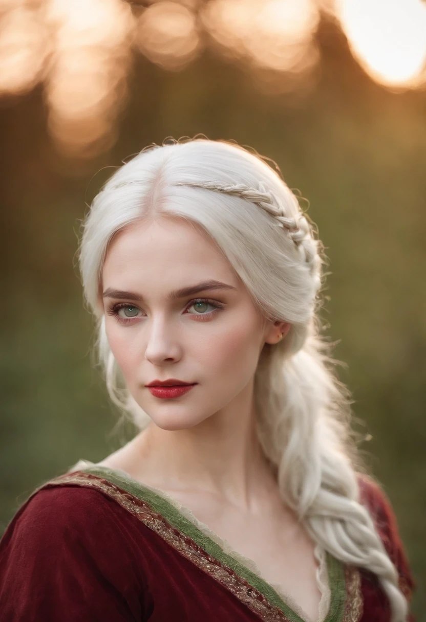 (((a deep reddish wound crosses her left cheek))) fair complexion, woman around 19 years old, natural white hair, distinctive green eyes, wearing kohl, slender and graceful, beautiful, candlelight in a medieval setting, ultra sharp focus, realistic shot, medieval female clothes, tetradic colors (scar:1.4)