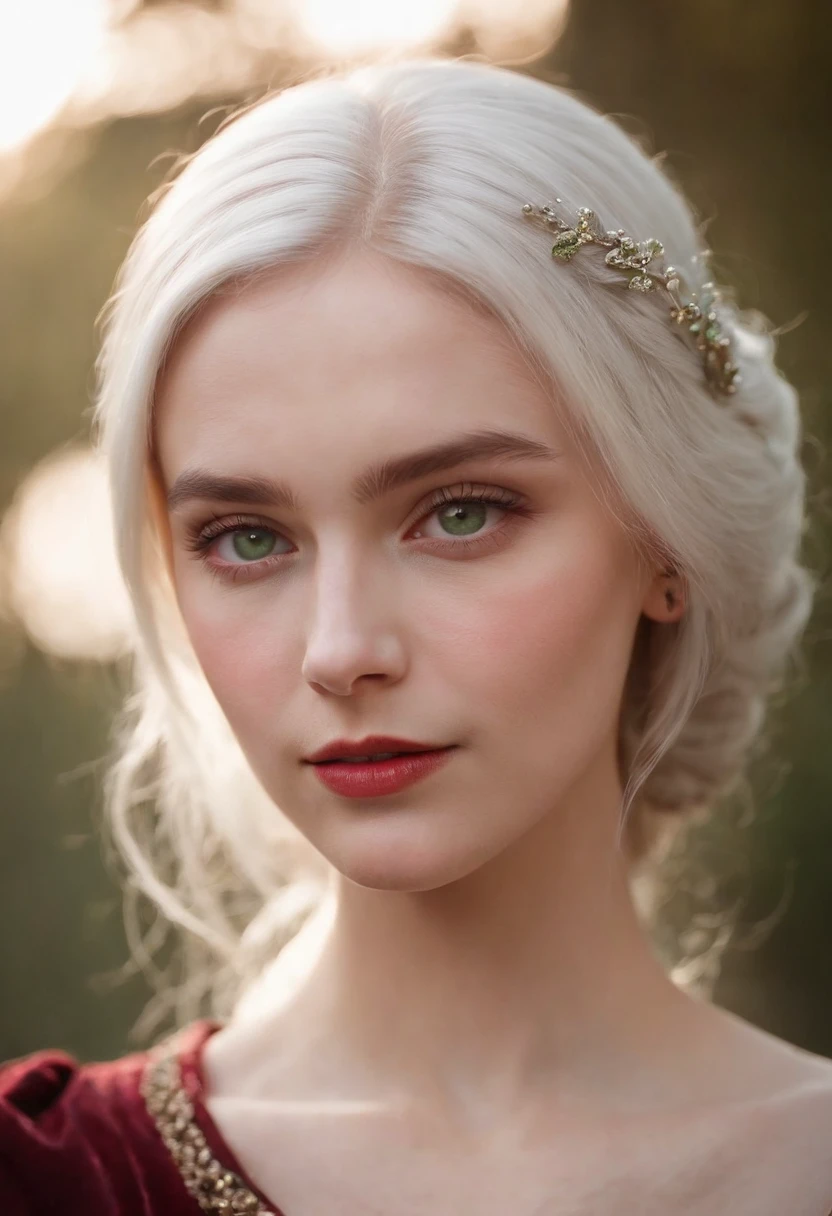 (((a deep reddish wound crosses her left cheek))) fair complexion, woman around 19 years old, natural white hair, distinctive green eyes, wearing kohl, slender and graceful, beautiful, candlelight in a medieval setting, ultra sharp focus, realistic shot, medieval female clothes, tetradic colors (scar:1.4)