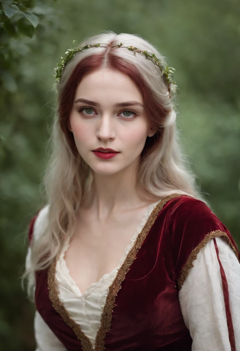 (((a deep reddish wound crosses her left cheek))) fair complexion, woman around 19 years old, natural white hair, distinctive green eyes, wearing kohl, slender and graceful, beautiful, candlelight in a medieval setting, ultra sharp focus, realistic shot, medieval female clothes, tetradic colors (scar:1.4)