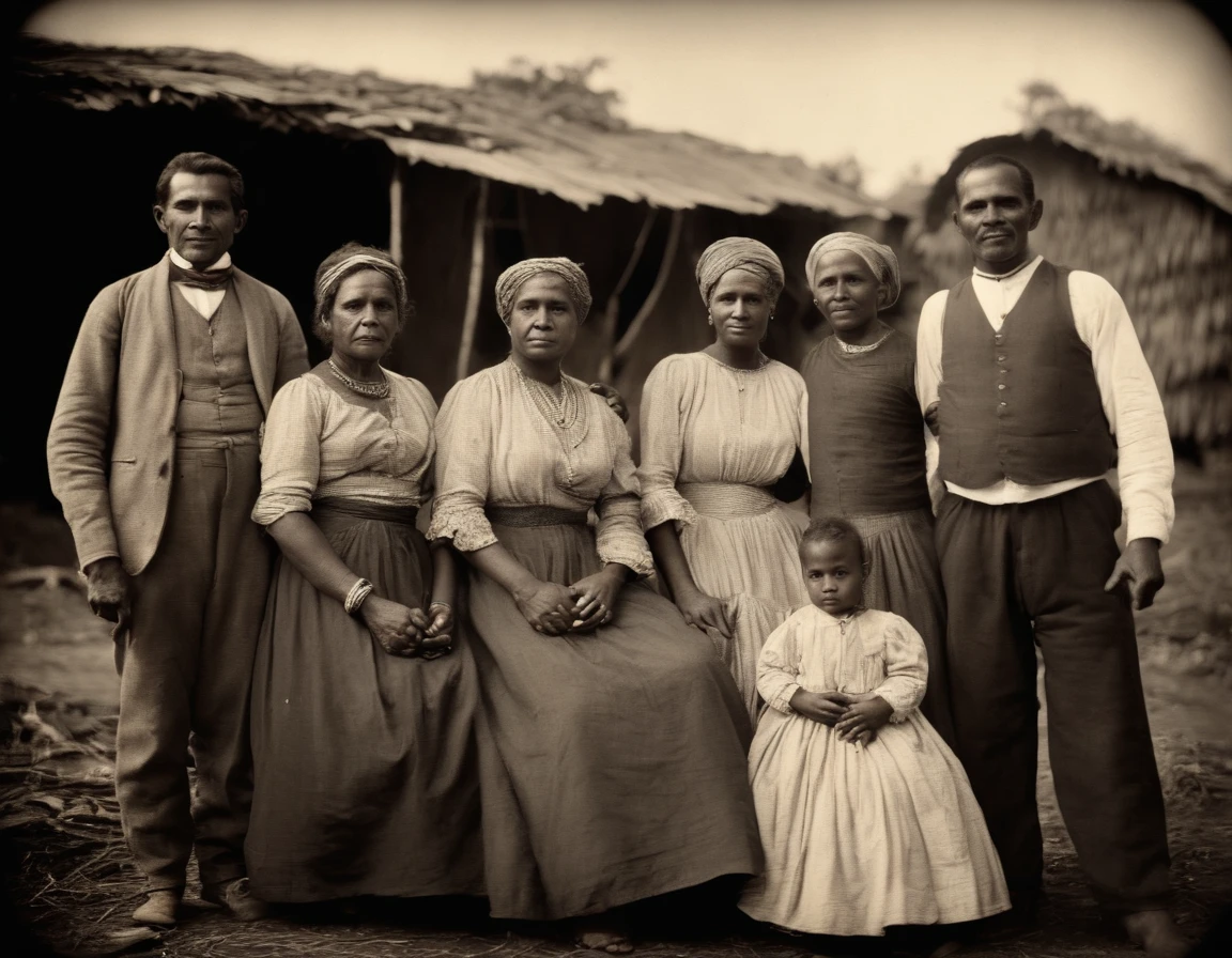 Black and white photography, A black slave family during the American Civil War, parents, and three ***** children, shack, HI detailed skin, (foreshortening, Canon, anatomically correct, super detail, high details, highness,