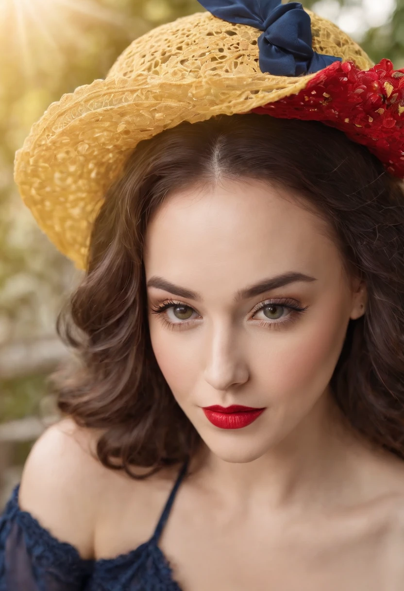 Sexy wonderful woman wearing lace pinup homewear jumpsuit, crochet hat, navy yellow red , HD , 8k, shadow , magical background , sexy poses, long curly hair,