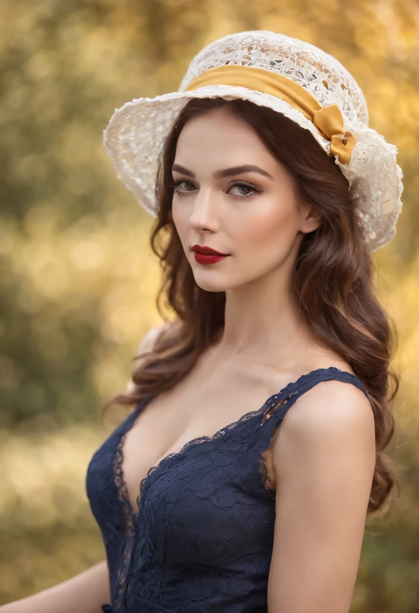 Sexy wonderful woman wearing lace pinup homewear jumpsuit, crochet hat, navy yellow red , HD , 8k, shadow , magical background , sexy poses, long curly hair,
