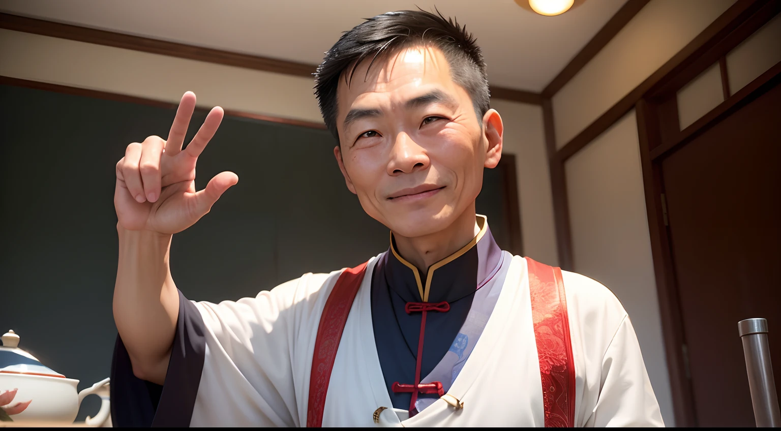 Humble Chinese man with friendly expression making gesture of thanks to the camera