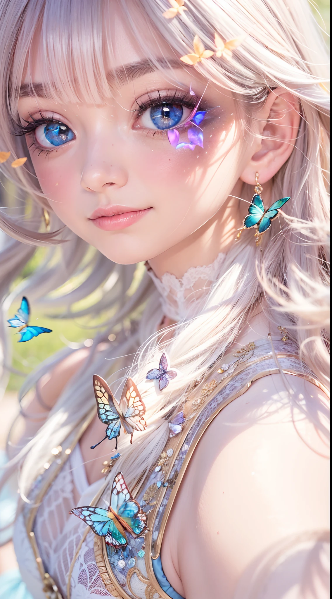 16k high quality wallpapers，Surrealist broken glass photo（Detailed eyes,Long eyelashes,Bright and colorful iris,Expressive eyebrows,Blend eyeshadow perfectly,Eyes sparkle,Reflective eyeballs，Heterochromia），（Silver-blue long-haired girl ， A lot of hair 1。3 Delicate hair 1。2）,（Long transparent dress，floral patterns：1.4，），（Gorgeous and delicate glowing little butterfly hair ornament，brilliant colorful，Fine engraving，Shine brightly，The attention to detail，The jewelry is of high quality，Extremely high image quality）White Skin Skin，Seductive smile emoji，Close-up shot