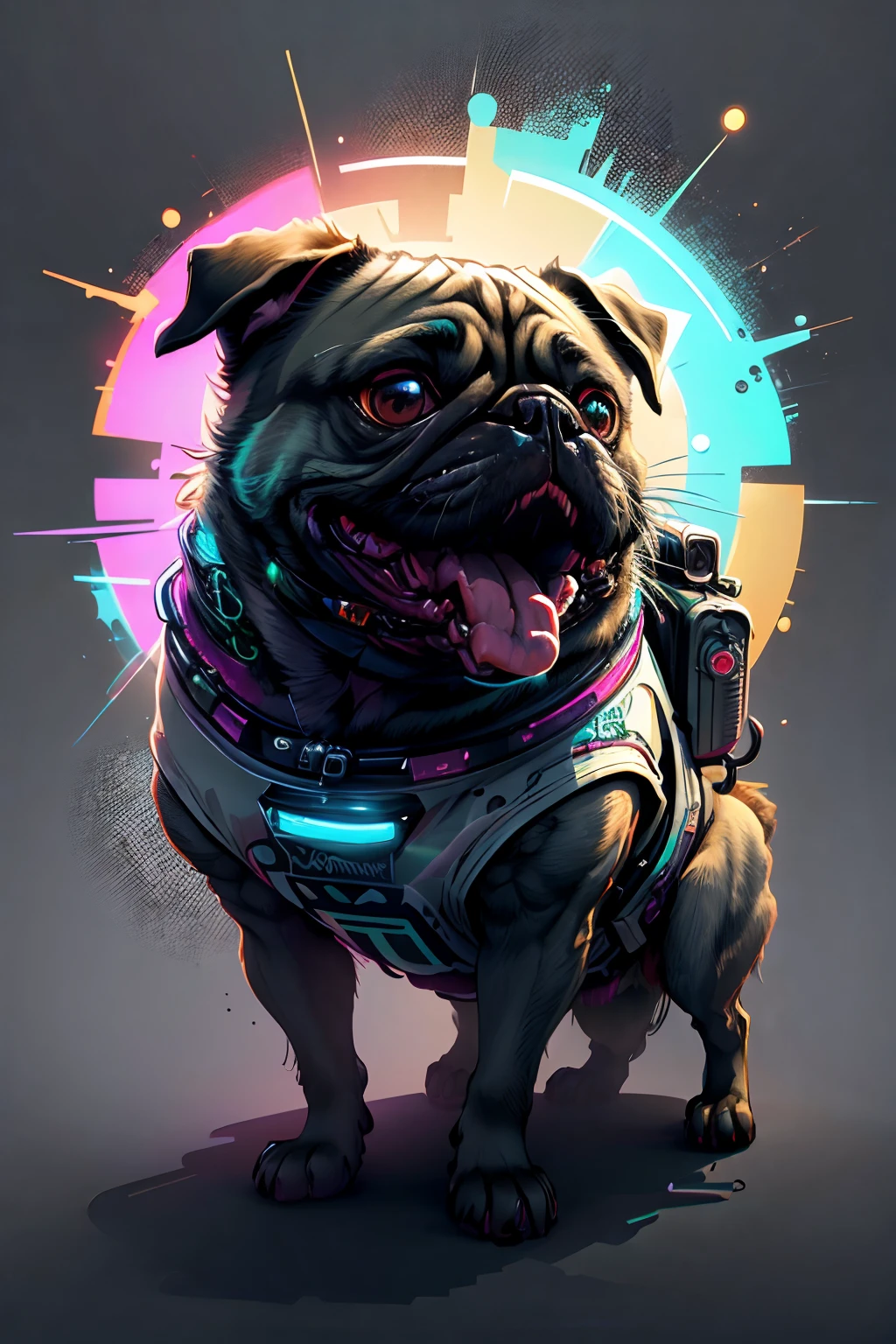 A vector t-shirt logo design of happy pug dog, full color , graffiti , 4k, cyberpunk, graffiti, vibrant, 3d rende, minimalist, wearing a astronaut suit, space, stars,