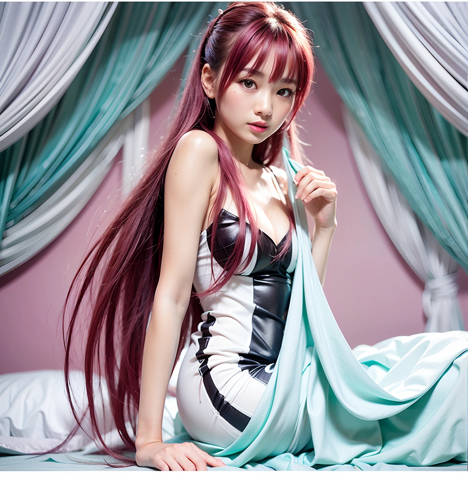 Asian Woman, Pink hair, slim, White Dress, imagem hiperrealista