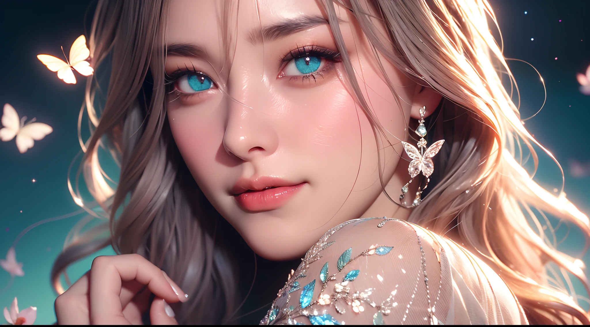 16k high quality wallpapers,Surrealist broken glass photo(Detailed eyes,Long eyelashes,Bright and colorful iris,Expressive eyebrows,Blend eyeshadow perfectly,Eyes sparkle,Reflective eyeballs,Heterochromia),(Silver-blue long-haired girl , A lot of hair 1。3 Delicate hair 1。2),(Long transparent dress,floral patterns:1.4,),(Gorgeous and delicate glowing little butterfly hair ornament,brilliant colorful,Fine engraving,Shine brightly,The attention to detail,The jewelry is of high quality,Extremely high image quality)White Skin Skin,Seductive smile emoji,Close-up shot