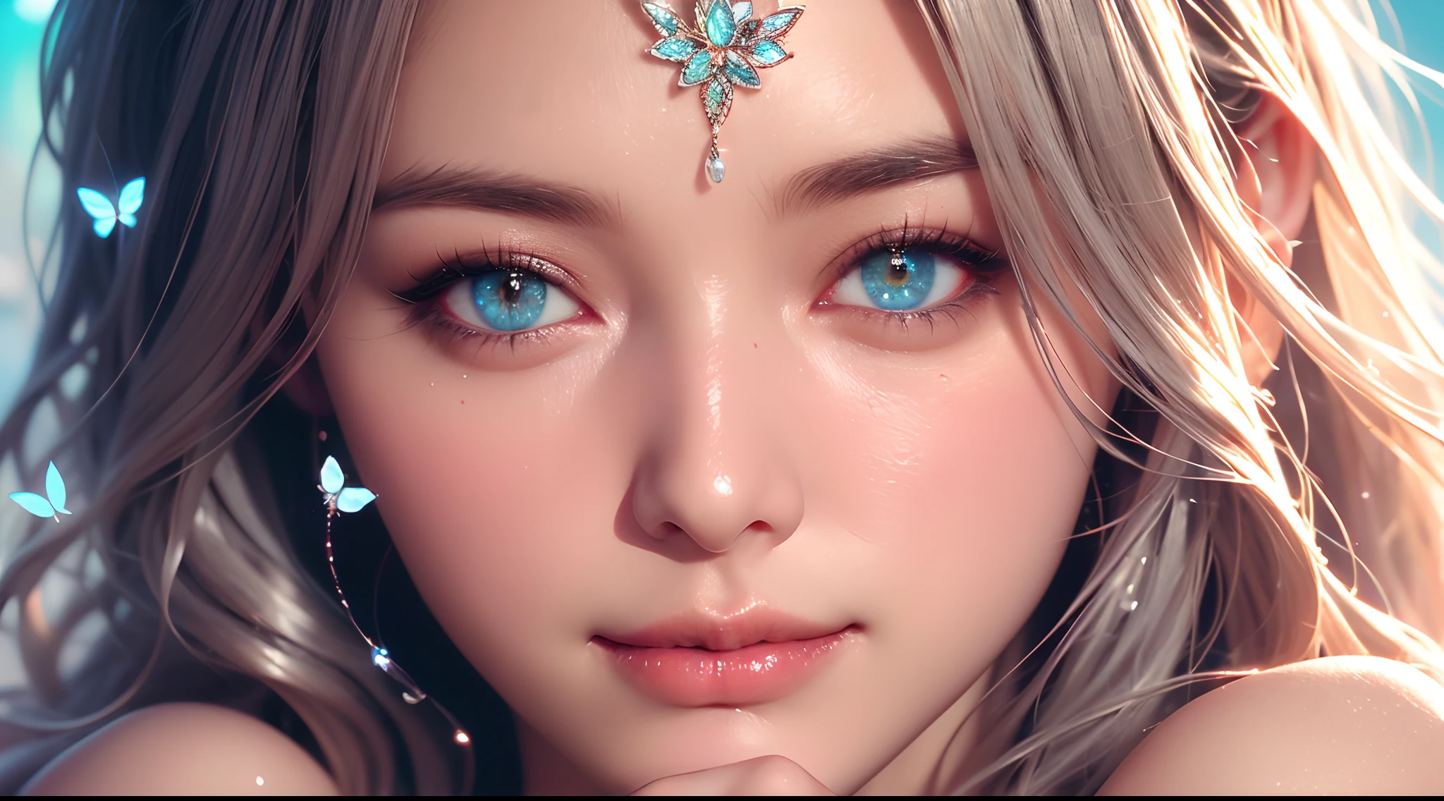16k high quality wallpapers,Surrealist broken glass photo(Detailed eyes,Long eyelashes,Bright and colorful iris,Expressive eyebrows,Blend eyeshadow perfectly,Eyes sparkle,Reflective eyeballs,Heterochromia),(Silver-blue long-haired girl , A lot of hair 1。3 Delicate hair 1。2),(Long transparent dress,floral patterns:1.4,),(Gorgeous and delicate glowing little butterfly hair ornament,brilliant colorful,Fine engraving,Shine brightly,The attention to detail,The jewelry is of high quality,Extremely high image quality)White Skin Skin,Seductive smile emoji,Close-up shot