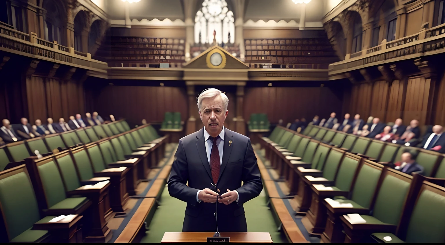 politician speaking in a somber tone in parliament to several people who observe them and notice that their features are grim emanating from hell itself