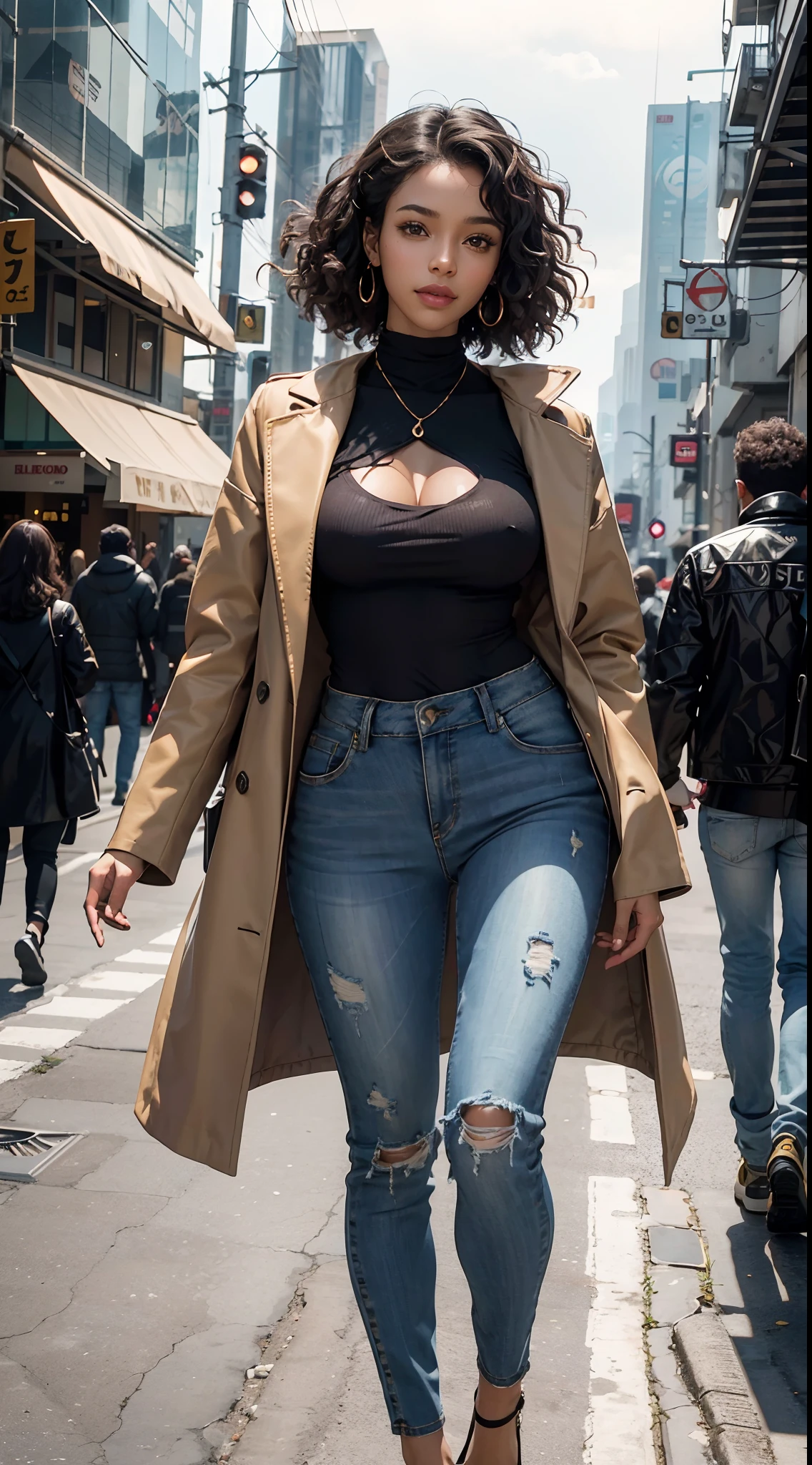 masterpiece, maximum quality, ultra high resolution, 8k, black woman, extremely beautiful, full body,((Wheat colored skin)), alone, brown coat and white shirt and jeans, extremely detailed face, detailed eyes, mischievous smile, cheerful, realistic photo, totally realistic, human pelle, studio lighting,golden ratio body, wide hips,perfect legs, big ass, curly hair, D-cup breasts,in the cyberpunk city,cyberpunk city background