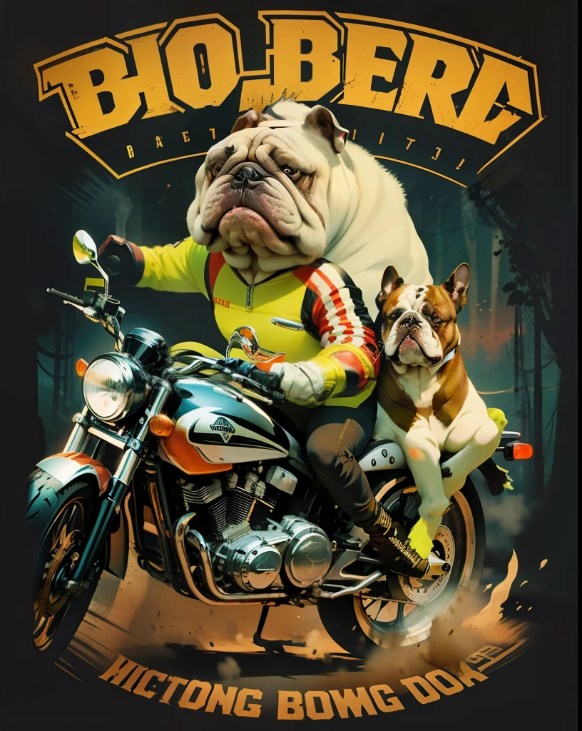 Bulldog riding matic motorcycle, horor style, poster style, with text Above and below . Change the motorbike to an automatic motorbike