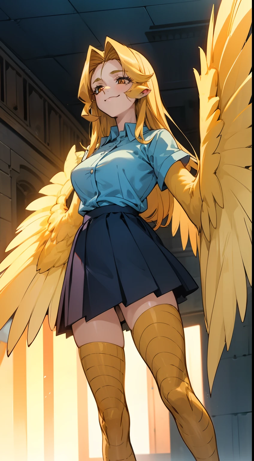 1woman,solo,40s,happy face,shirt,skirt,medium tits, blonde hair,long hair,yellow eyes,harpy, blonde wings,claws,standing in the room, no arms,(((40 year old woman face)))