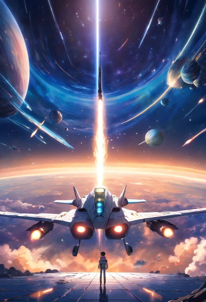 (8-bit color with 100pixel illustration:1.2), shooting, from side angle, space fighter with lots bullet, giant space battleship with laser, spark, (retro game future:1.2), fused info and points,1980s, best quality,