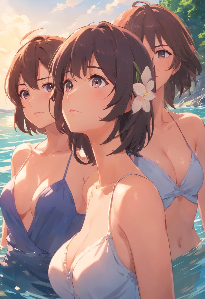 2 heads, 2 heads and three breasts, solo, close-up, pose, outside, double cleavage
