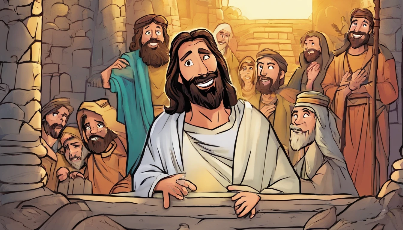 Create a cartoon where Jesus comes out of the tomb with a cheerful and animated expression.