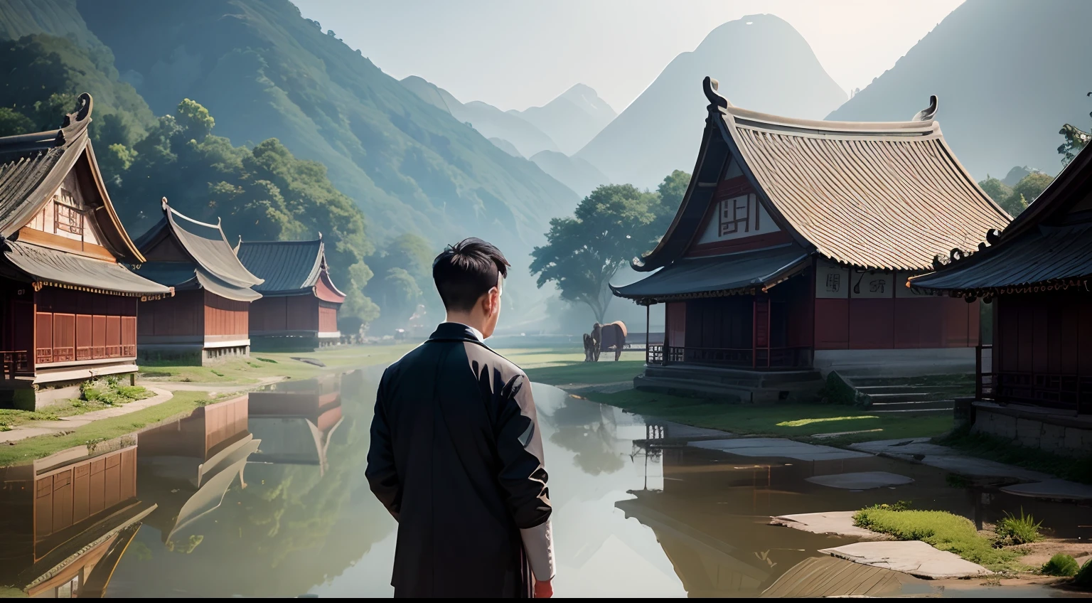 Chinese man, humble, with a reflective look at his village