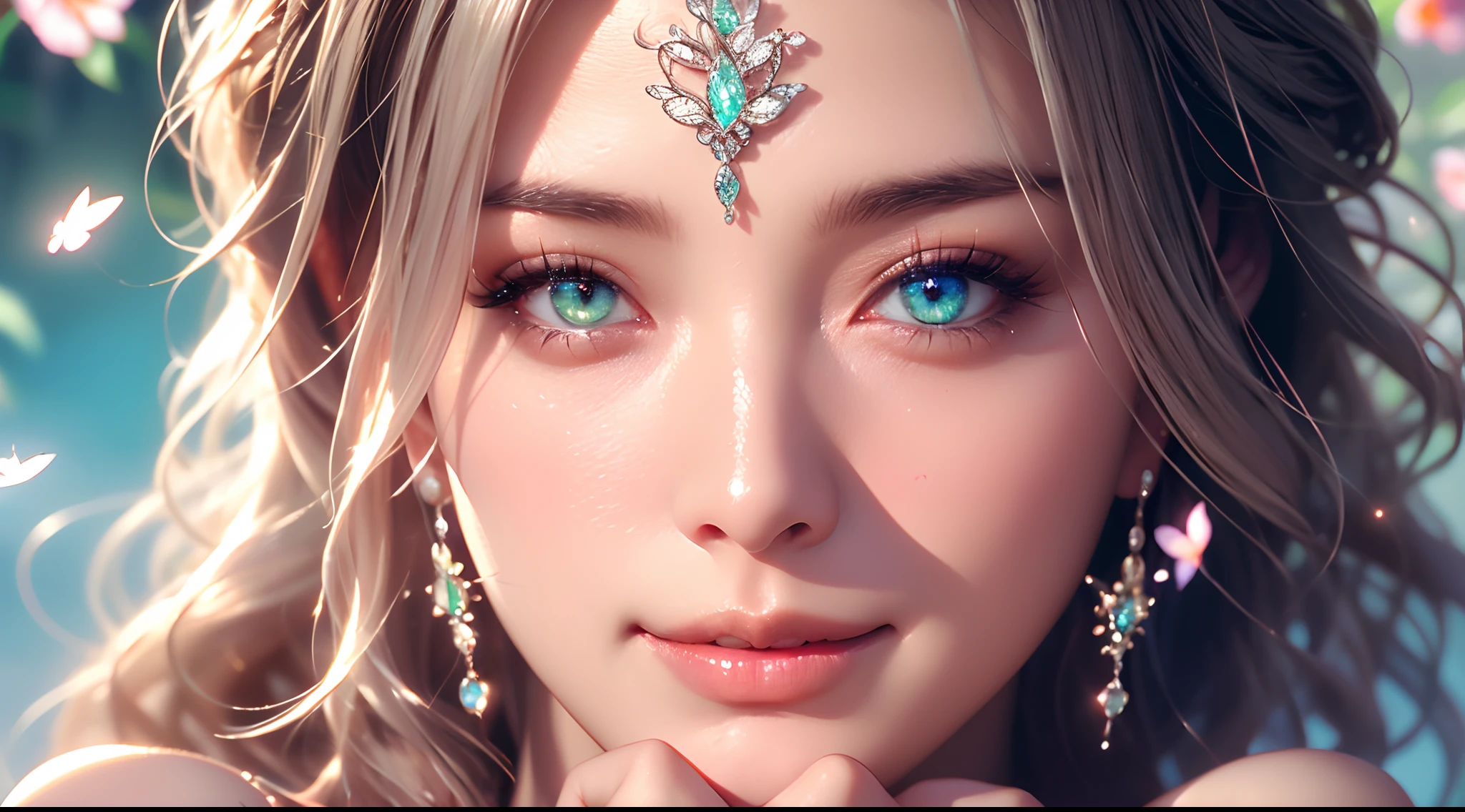 16k high quality wallpapers,Surrealist broken glass photo(Detailed eyes,Long eyelashes,Bright and colorful iris,Expressive eyebrows,Blend eyeshadow perfectly,Eyes sparkle,Reflective eyeballs,Heterochromia),(Silver-blue long-haired girl , A lot of hair 1。3 Delicate hair 1。2),(Long transparent dress,floral patterns:1.4,),(Gorgeous and delicate glowing little butterfly hair ornament,brilliant colorful,Fine engraving,Shine brightly,The attention to detail,The jewelry is of high quality,Extremely high image quality)White Skin Skin,Seductive smile emoji,Close-up shot