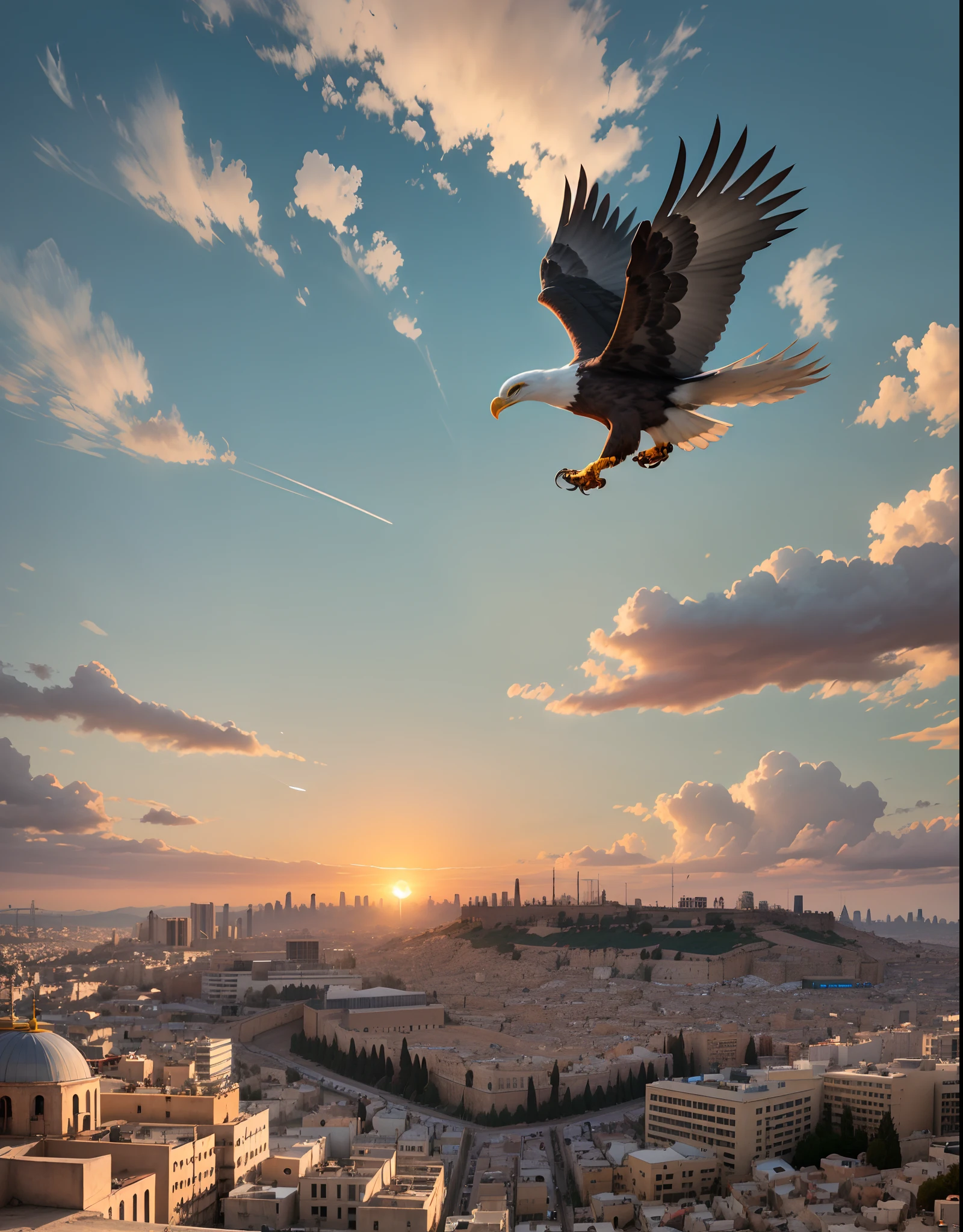 city of Jerusalem in the afternoon with sunset and an eagle flying overhead --auto --s2