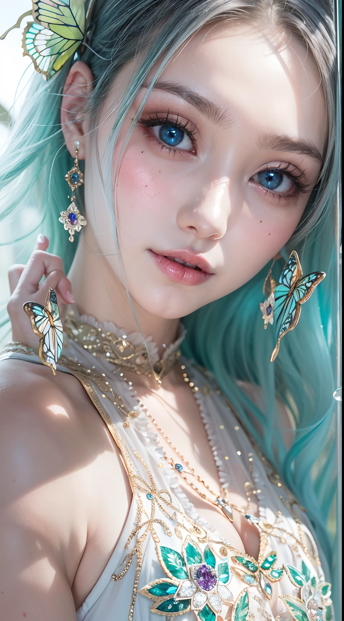 16k high quality wallpapers,Surrealist broken glass photo(Detailed eyes,Long eyelashes,Bright and colorful iris,Expressive eyebrows,Blend eyeshadow perfectly,Eyes sparkle,Reflective eyeballs,Heterochromia),(Silver-blue long-haired girl , A lot of hair 1。3 Delicate hair 1。2),(Long transparent dress,floral patterns:1.4,),(Gorgeous and delicate glowing little butterfly hair ornament,brilliant colorful,Fine engraving,Shine brightly,The attention to detail,The jewelry is of high quality,Extremely high image quality)White Skin Skin,Seductive smile emoji,Close-up shot