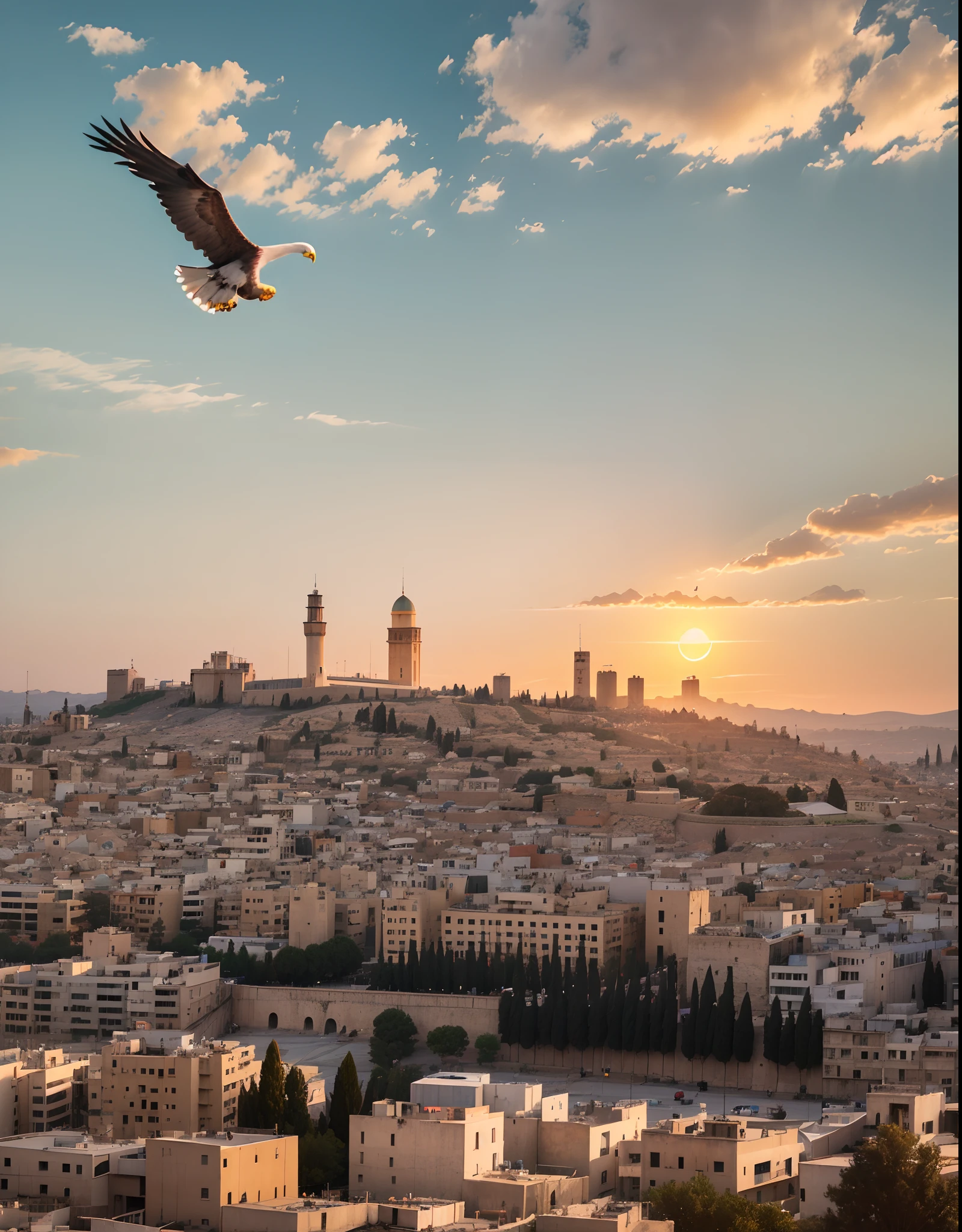 city of Jerusalem in the afternoon with sunset and an eagle flying overhead --auto --s2