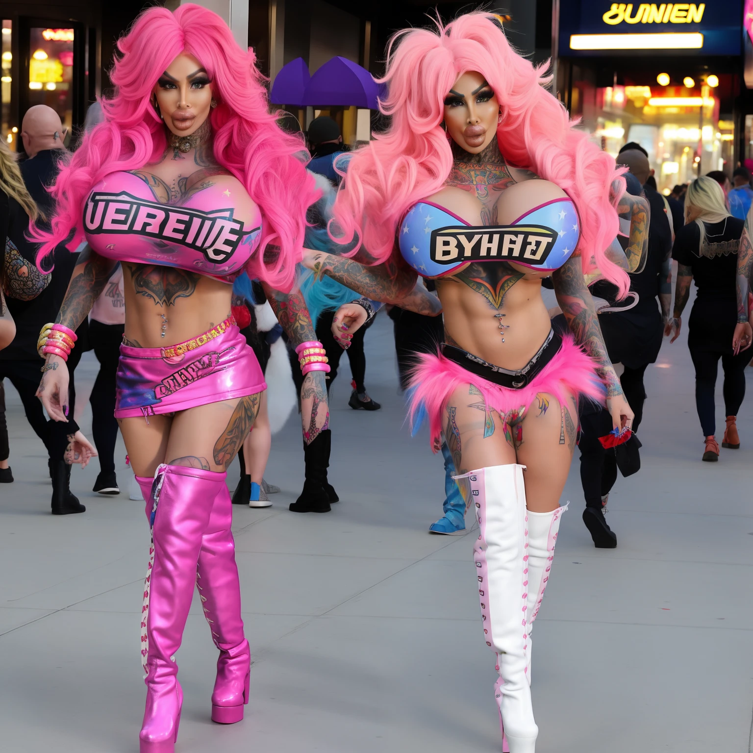 , milfs,gars, psytrance, rave, ahegao, Drag Queens, trannies, dominatrix, trashy, extremely fake silicone bimbos, slutty, seveultiple bimbos, fake lips, huge fas, fake breasts, fake booty, very fake ttoos, hair extensions, very long hair, curls, multi colored hair, dyed hair in many colors, false eyelashes, long eyelashes, drawn on eyebrows, thigh high boots, louis Vuitton bag, long fingernails, face tattoos, midriff, bellybutton piercing, very skinny, pouty lips, botox, short skirt, camouflage crop top, fur clothes, pink fur, pink, glitter, bimbosluts, heavily tattooed, walking, , busy street, outside, full body view, face detail, high quality, bystanders