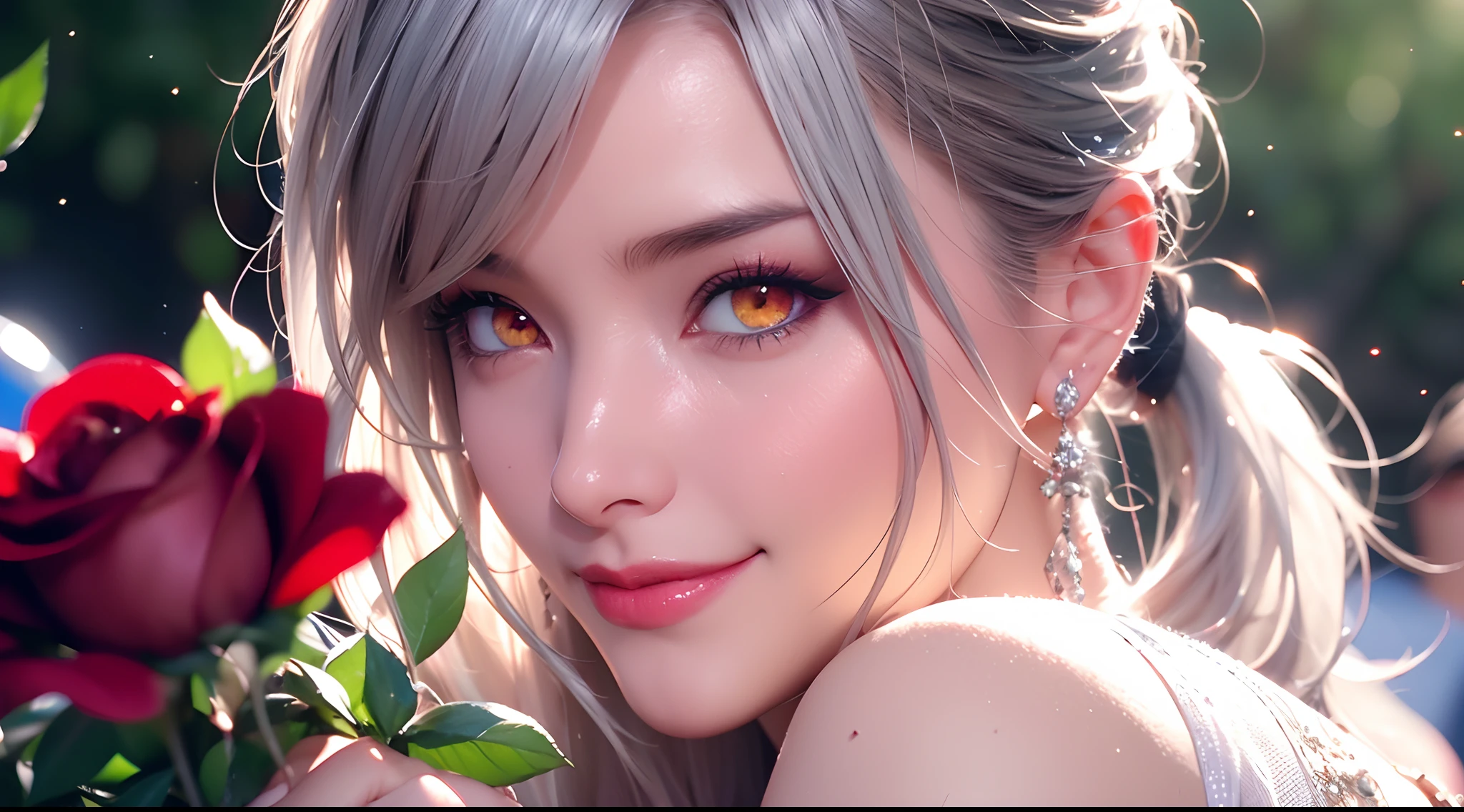 Garden covered with red roses in the background, Silver hair, front ponytail, eyes reflection, red contact lenses, Pink eyes,Heterochromia， Wear earrings, Blue crystal pendant，Evil smile, shairband，High detail, romanticism lain,holdingsword， Depth of field, Sparkle, Ray tracing, viewfinder, zoom layer, Close-up, Bokeh, Anatomically correct, High details, 1080p, hyper HD