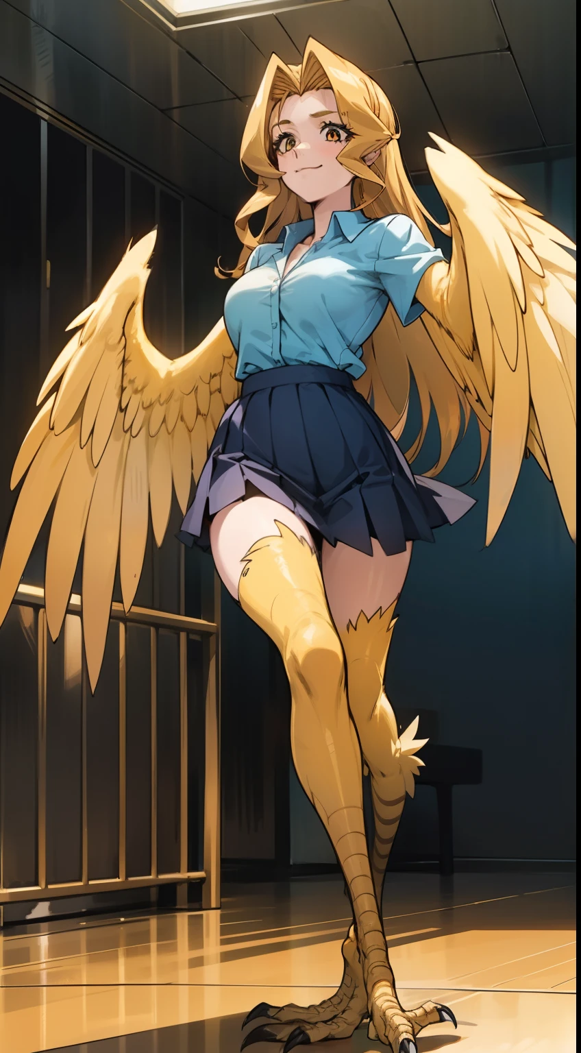 1woman,solo,40s,happy face,shirt,skirt,medium tits, blonde hair,long hair,yellow eyes,harpy, blonde wings,claws,standing in the room, no arms,(((40 year old woman face)))