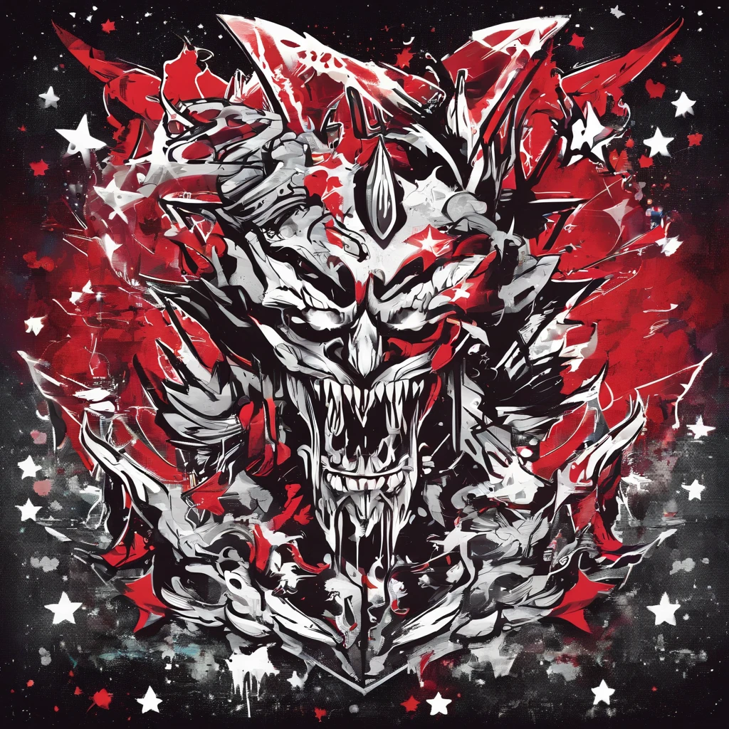 2-Star Sticker Demon, white and red, red star tattoos, stars dripping with crimson in a vivid night sky, masterpiece, best quality