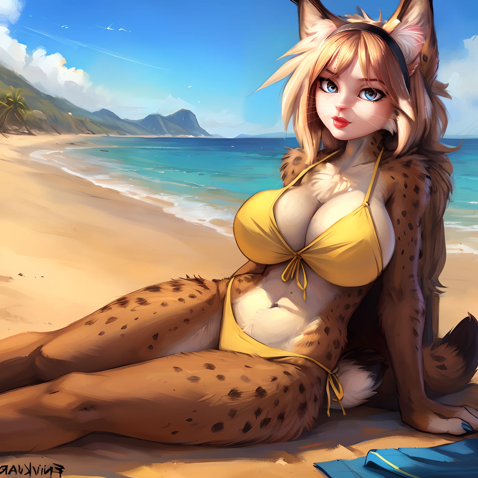 by fluff-kevlar, by Zackary911, by Kenket, by Kilinah, by fluff-kevlar, (master part), (best quality), (Furry burrow:1.3, cute:1.2, alone woman: 1.2), (large breasts, cleavage) , full body, Cute female lynx, brown and white fur, fluffy fur, blue claws, blue eyes., on a beach, wearing a yellow bikini, masterpiece.