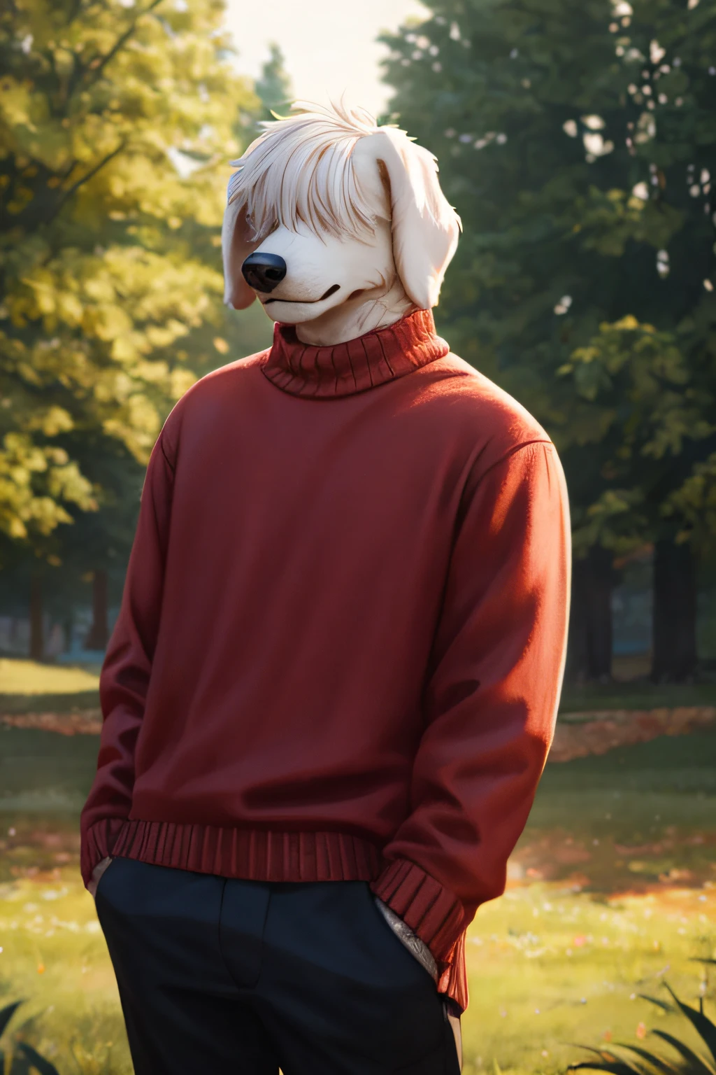 happy male white dog with floppy ears, white hair covering eyes, red sweater, black jeans, 8k, high detail, film grain, semi realistic