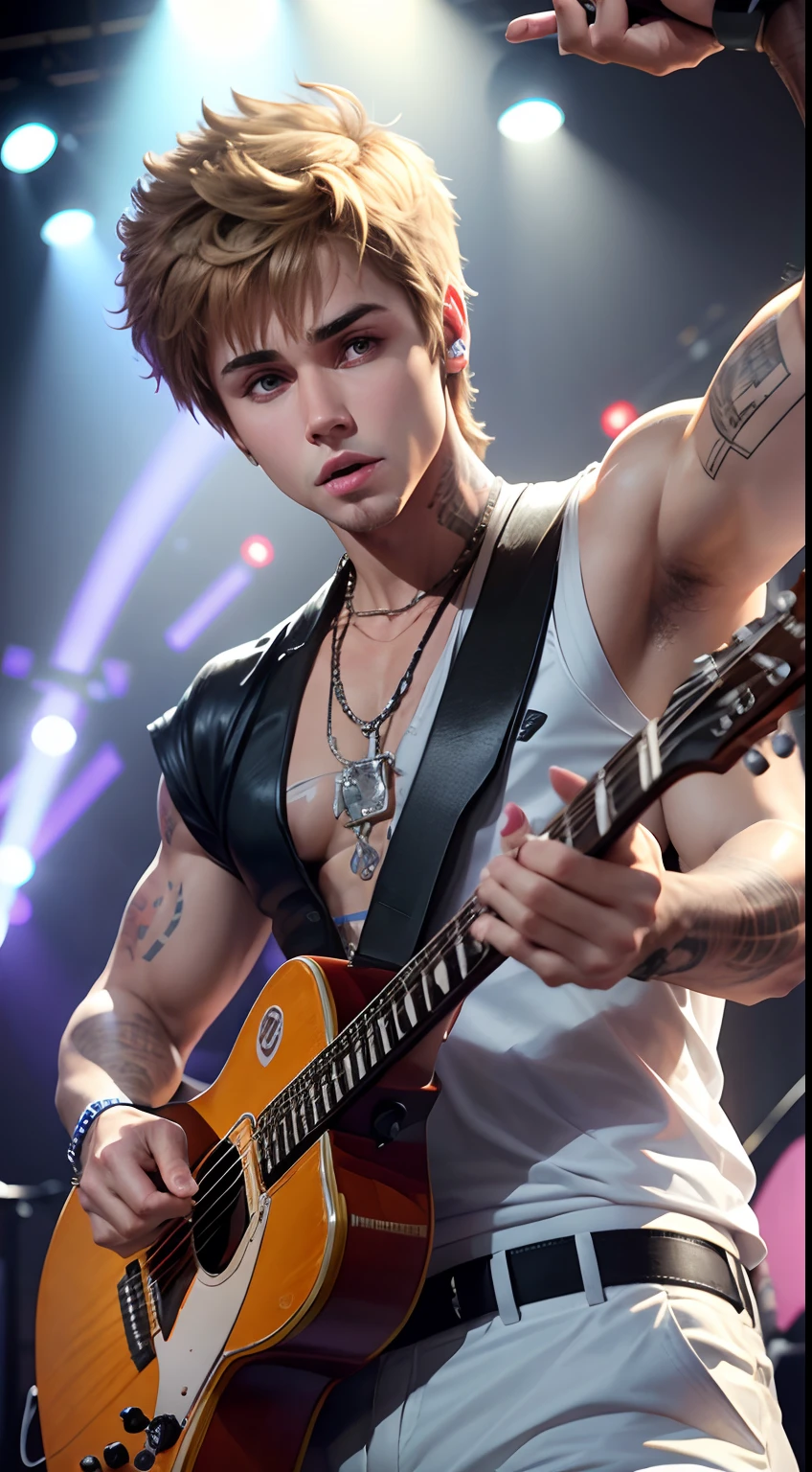 Justin Beiber, hyper realistic, masterpiece, full detailed, performing in a stage