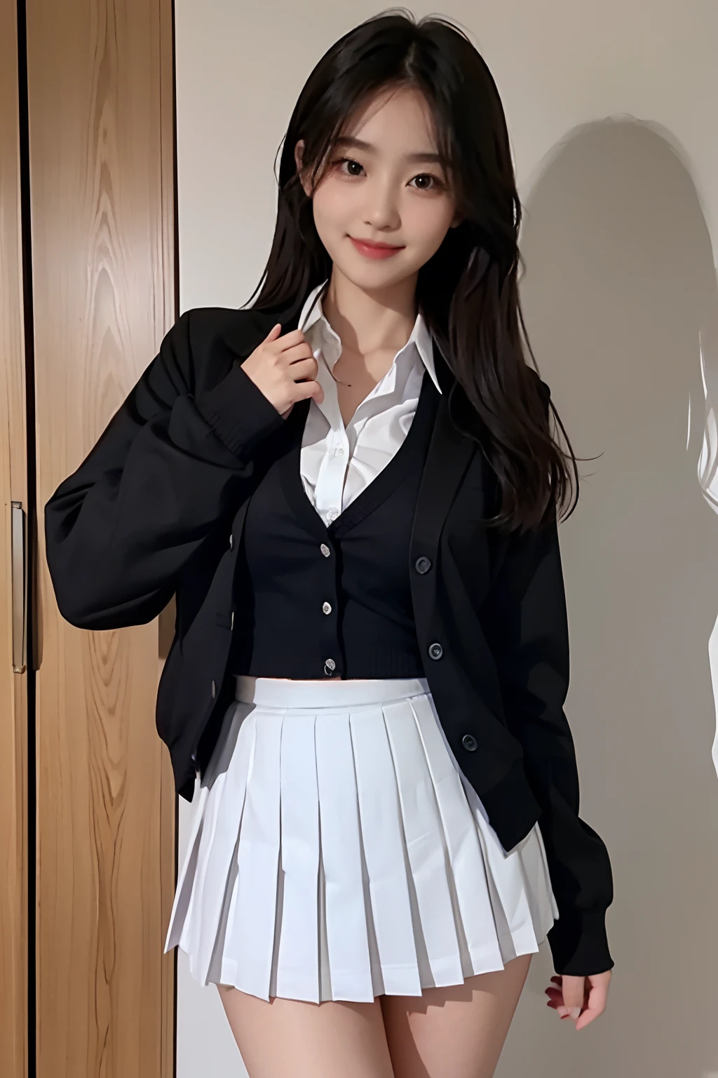Super Fine、8k、The pieces fly、(RAW Photos:1.4)、High resolution、((Xu々A composition that moves away from the subject))、((Full body photo from face to shoes))、((Perfect Anatomy:1.2))、Sit crouched facing forward、The gaze that stares at you、Beautiful Face、1 female 、Detailed skin、Glowing Skin、Baby Face、double eyelid、eyes with long eyelashes、Small face、smile、Open your mouth、Clean hairstyles、School corridor、Smile at you、She is bending over with her legs spread, She shows you her white panties、Turn your body towards you、The windows provide natural light、Dreaming、Realistic school scenery、middle School girl、Blue and grey school bag slung over shoulder、、Slender and delicate body、Small breasts、A blazer uniform with green lines、girl 、Checked skirt、healthy、young woman、black tights、black tights、Detailed frilly panties, Detailed black knee-high socks、詳細な茶色のloafers革靴、loafers、Full Body Shot、Clean hairstyles、Accentuates the lines of her extremely slender legs