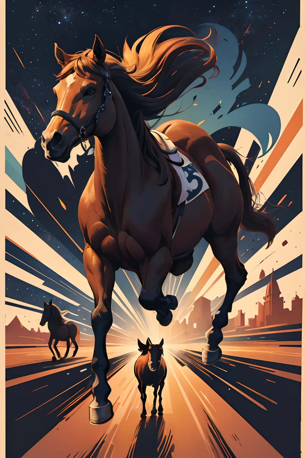 Vista lateral, Vector illustration of several wild horses in dynamic and imposing poses, estilo dos desenhos animados estilo Disney, DYNAMIC POSTER STYLE, corpo inteiro, poster, capa de revista, detalhes, detalhado, Enfeite