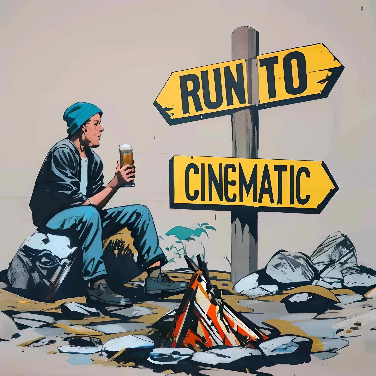 painting of a man sitting on a rock next to a sign, cinematic!, cinematic, cinematic, cinematic!!, cinematic beer, featured in cinematic, fintan magee, streetart, **cinematic, street art, cinematic dramatic, street art 8 k, classic cinema, cinematic film, cinematic quality, still cinematic, with cinematic colour palette, cinematic movie image, award winning cinematic