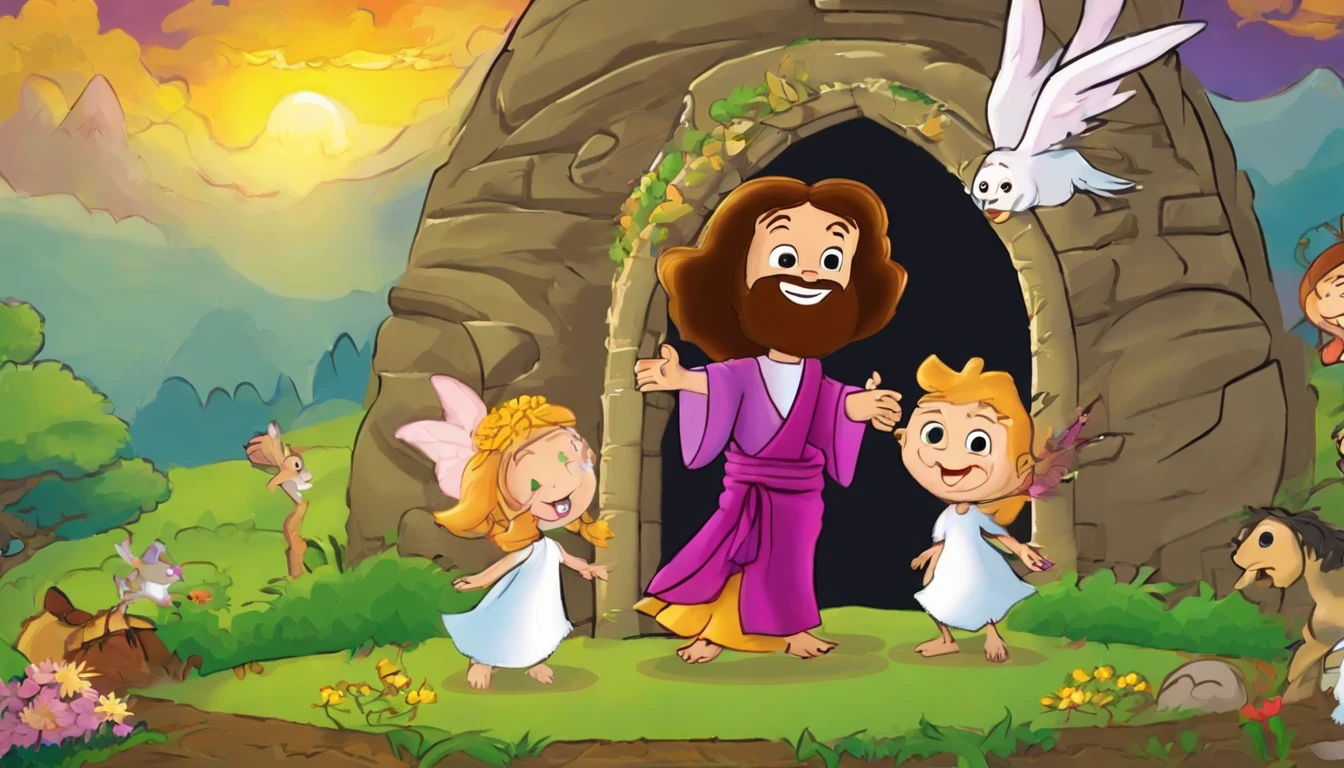 Create a cartoon where Jesus comes out of the tomb with a cheerful and animated expression.