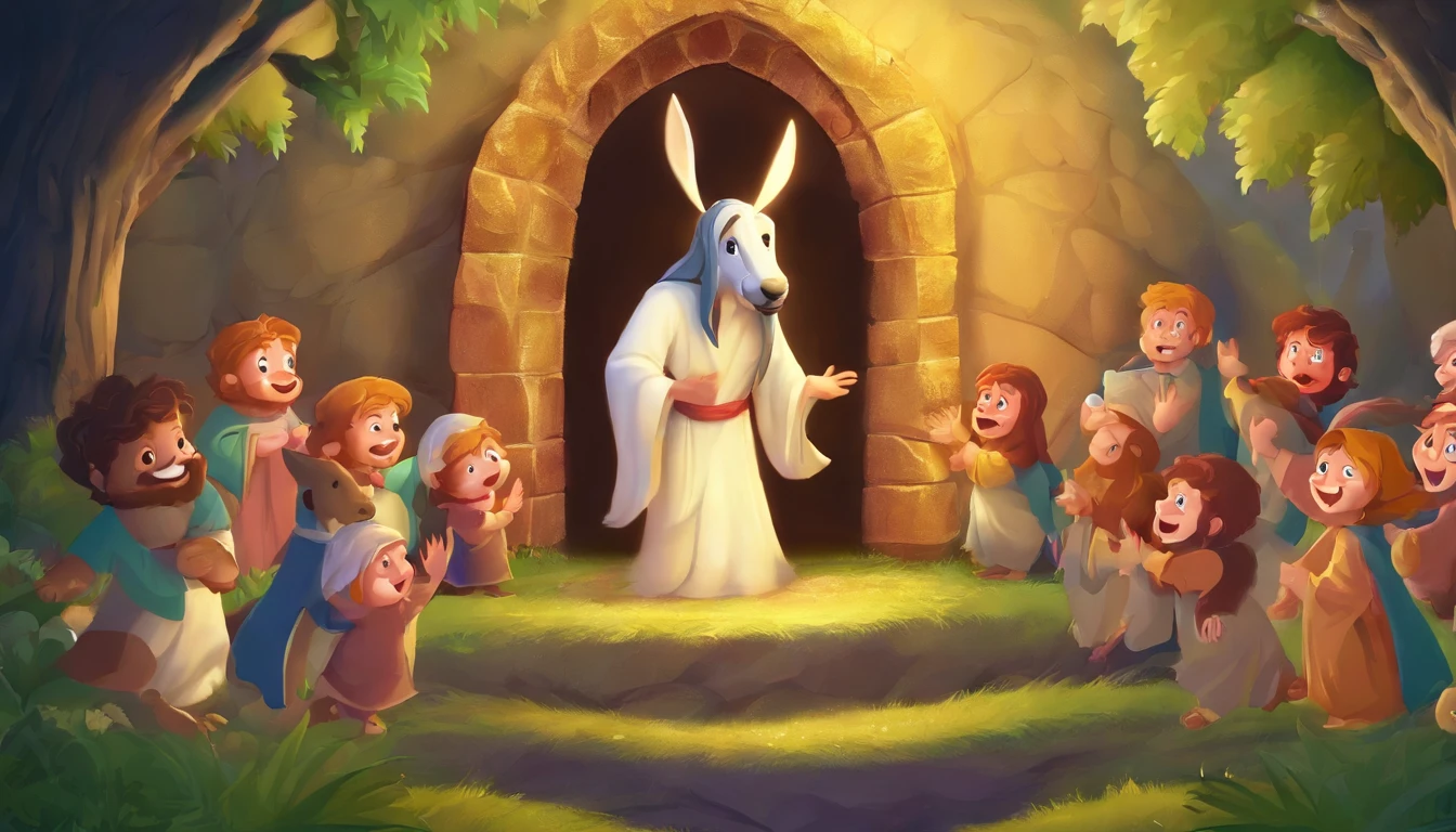 Create a cartoon where Jesus comes out of the tomb with a cheerful and animated expression.